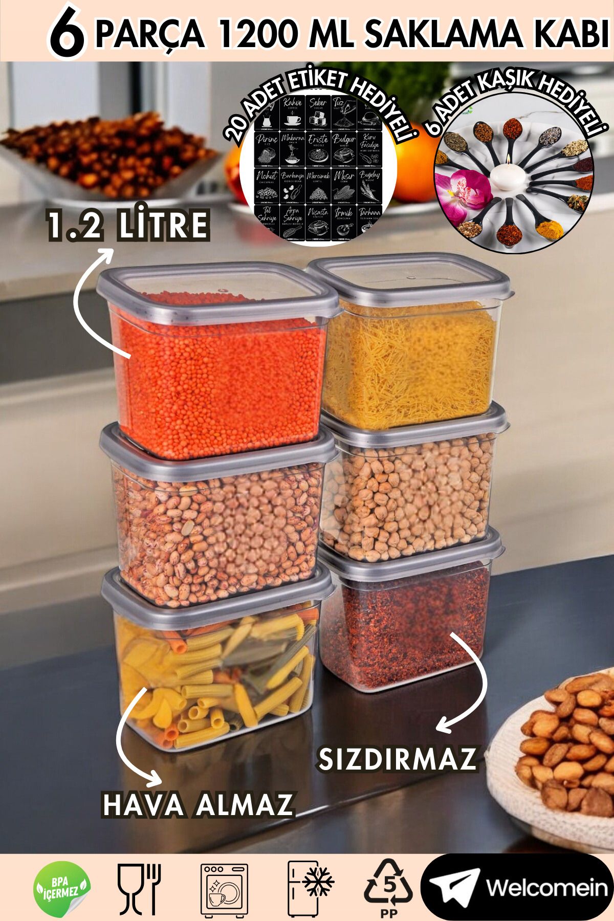 welcomein-Set of 6 Leak Proof Rectangular Food Storage Containers 1200ml - 20 Labels - 6 Spoons - 1.2 Liters 1