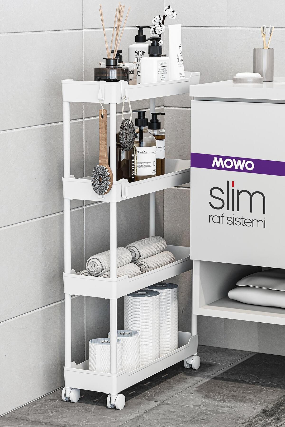Slim 4 Katlı Tekerlekli Raf Ünitesi Beyaz, Banyo Rafı, Mutfak Rafı, Banyo Düzenleyici