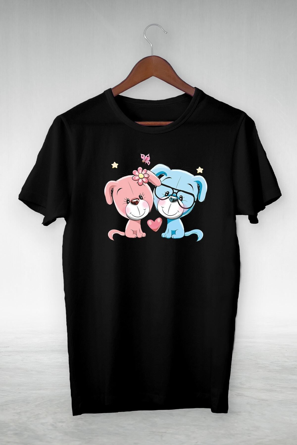 New Shine Siyah - Şirin Pembe & Mavi Köpek Illustrasyon Çizim - Tshirt Tasarım