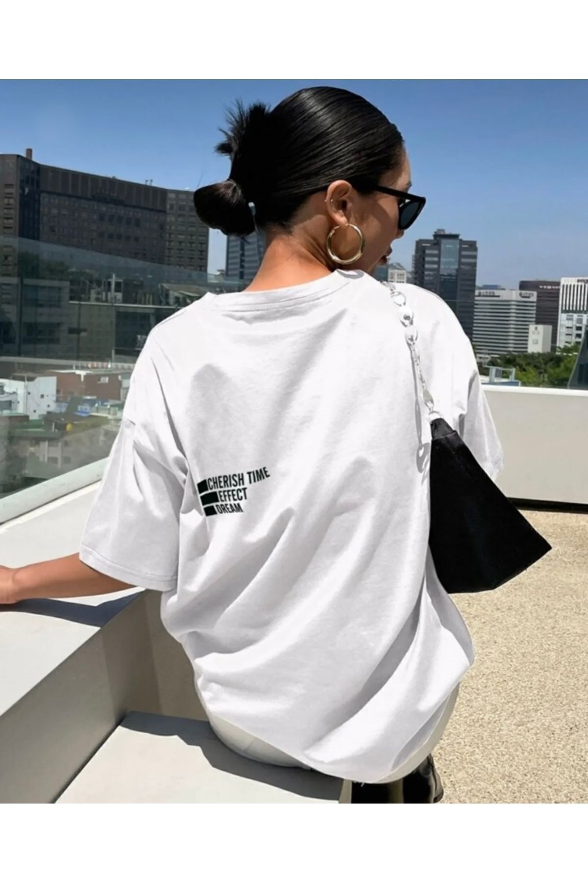 Perodia Beyaz Cherısh Time Effect SIRT Baskılı Oversize Tshirt