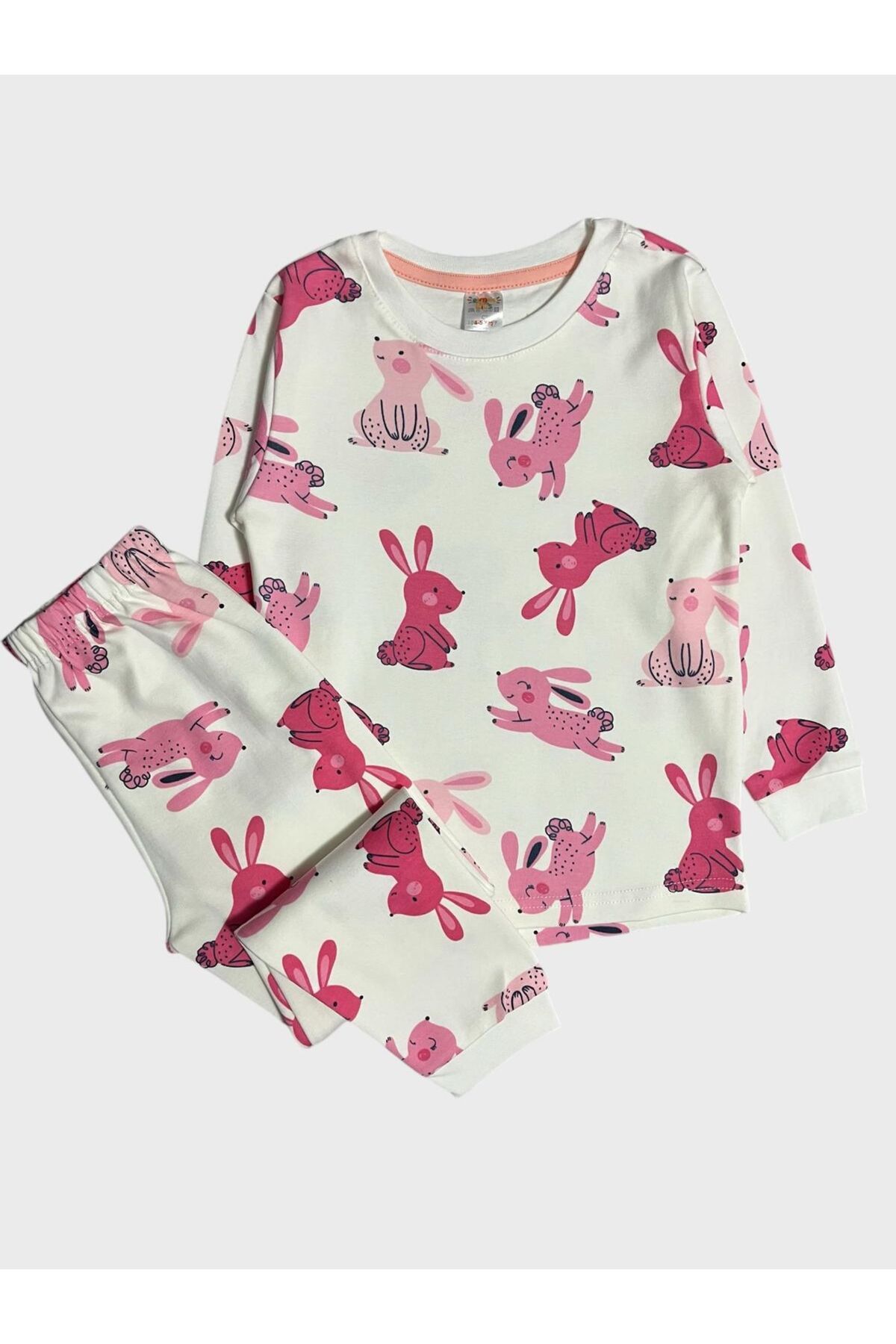 Kız Çocuk %100 Pamuklu Pembe Beyaz Sevimli Tavşanlar Desenli Uzun Kollu Pijama Takımı