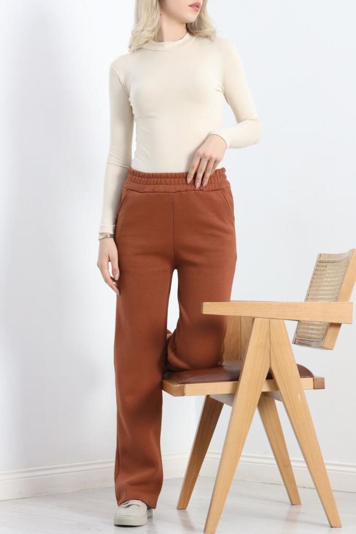 elbse-Sbn Women - Three Thread Brick Color Palazzo Sweatpants 2