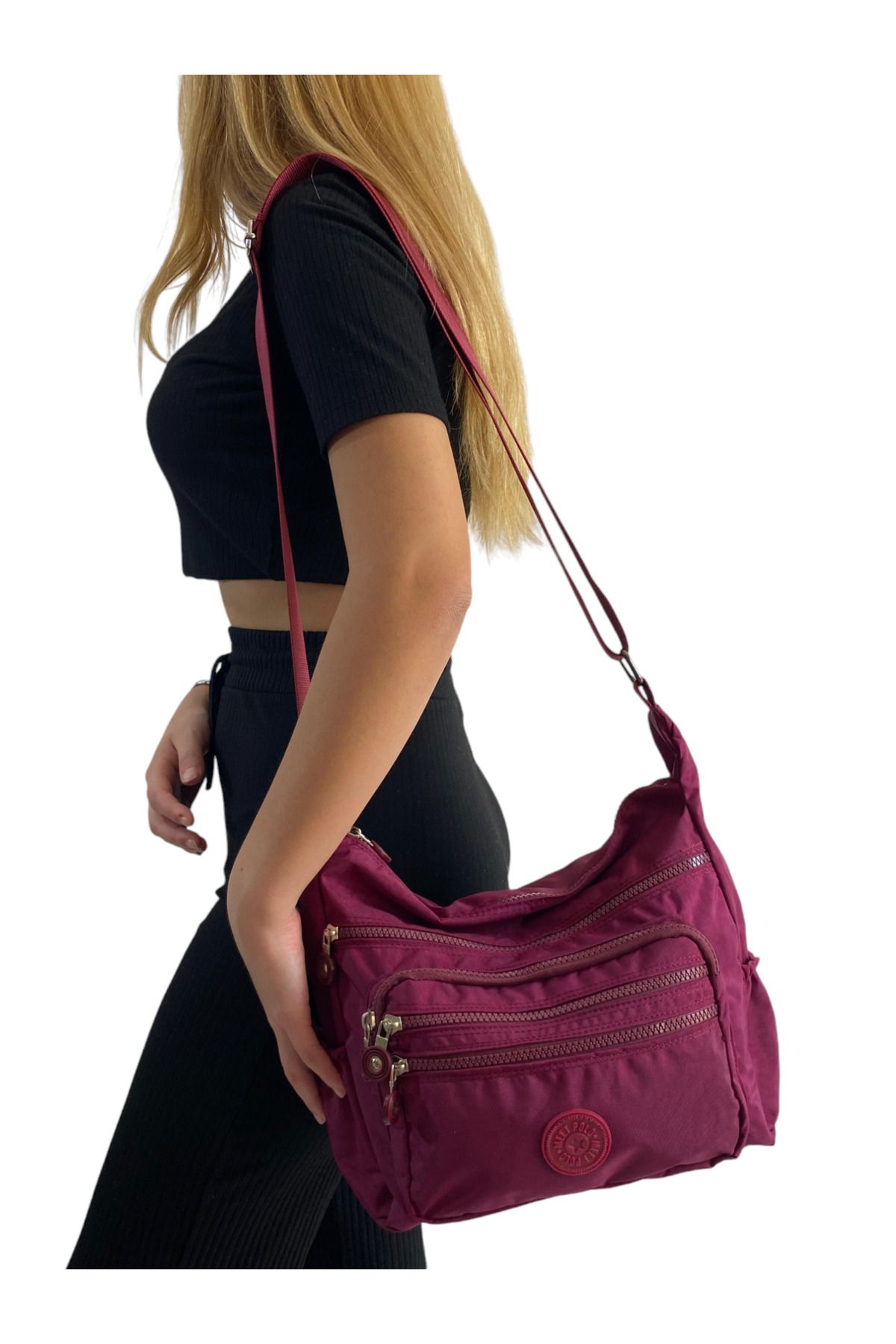 Gloria-Geantă de umăr și crossbody din țesătură Crinkle, impermeabilă, cu 6 compartimente cu fermoar 3