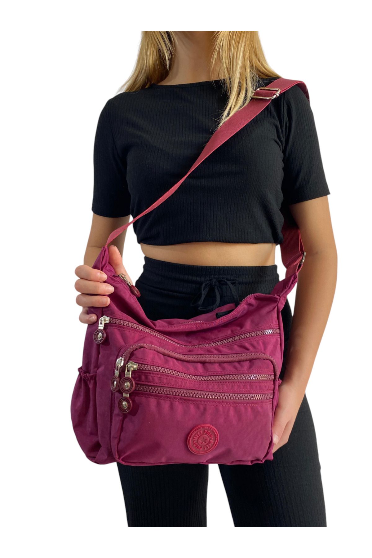 Gloria-Geantă de umăr și crossbody din țesătură Crinkle, impermeabilă, cu 6 compartimente cu fermoar 1