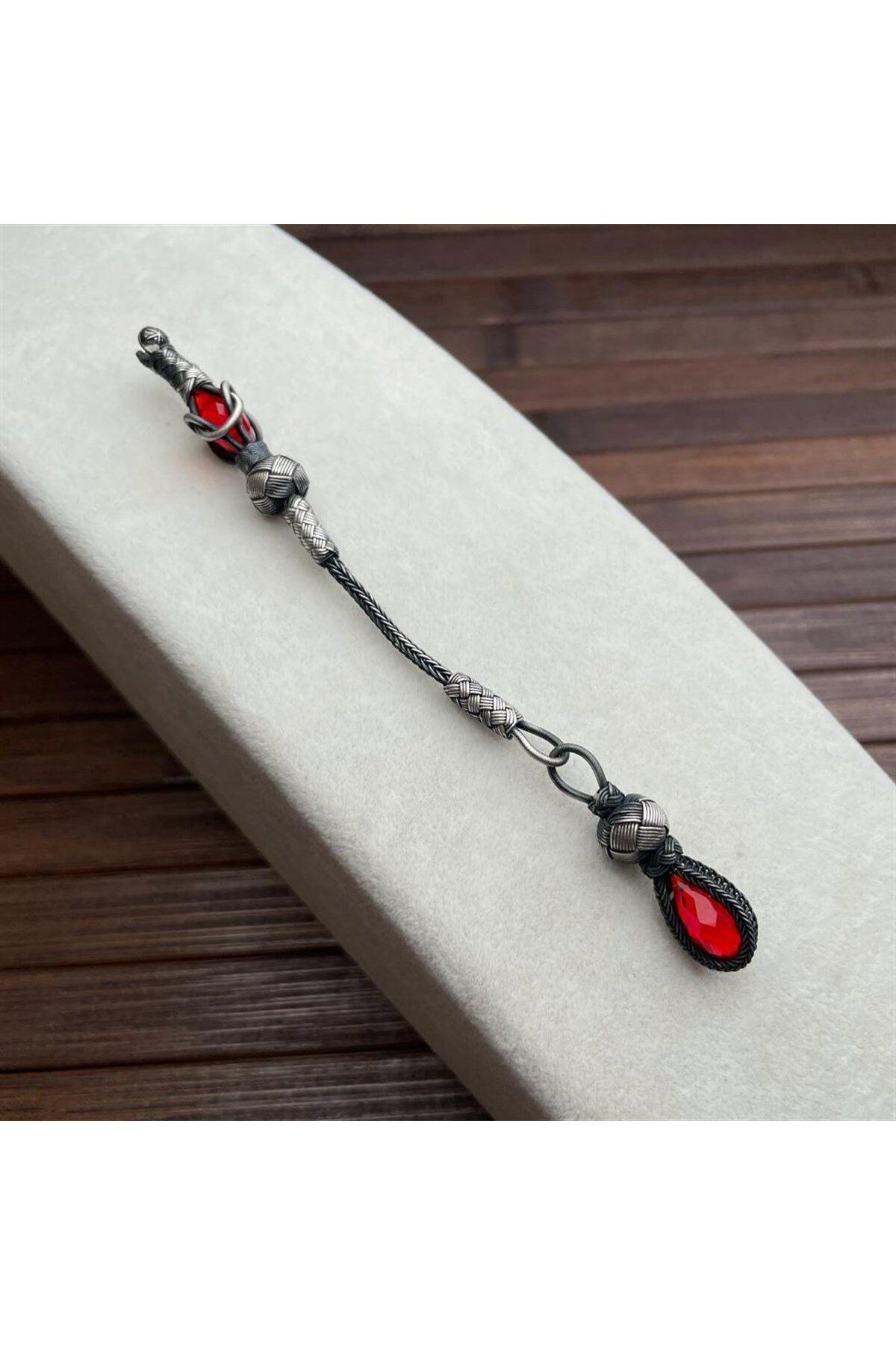 dergah tesbih-Silver Kazaziye Whips with Red Stones 3