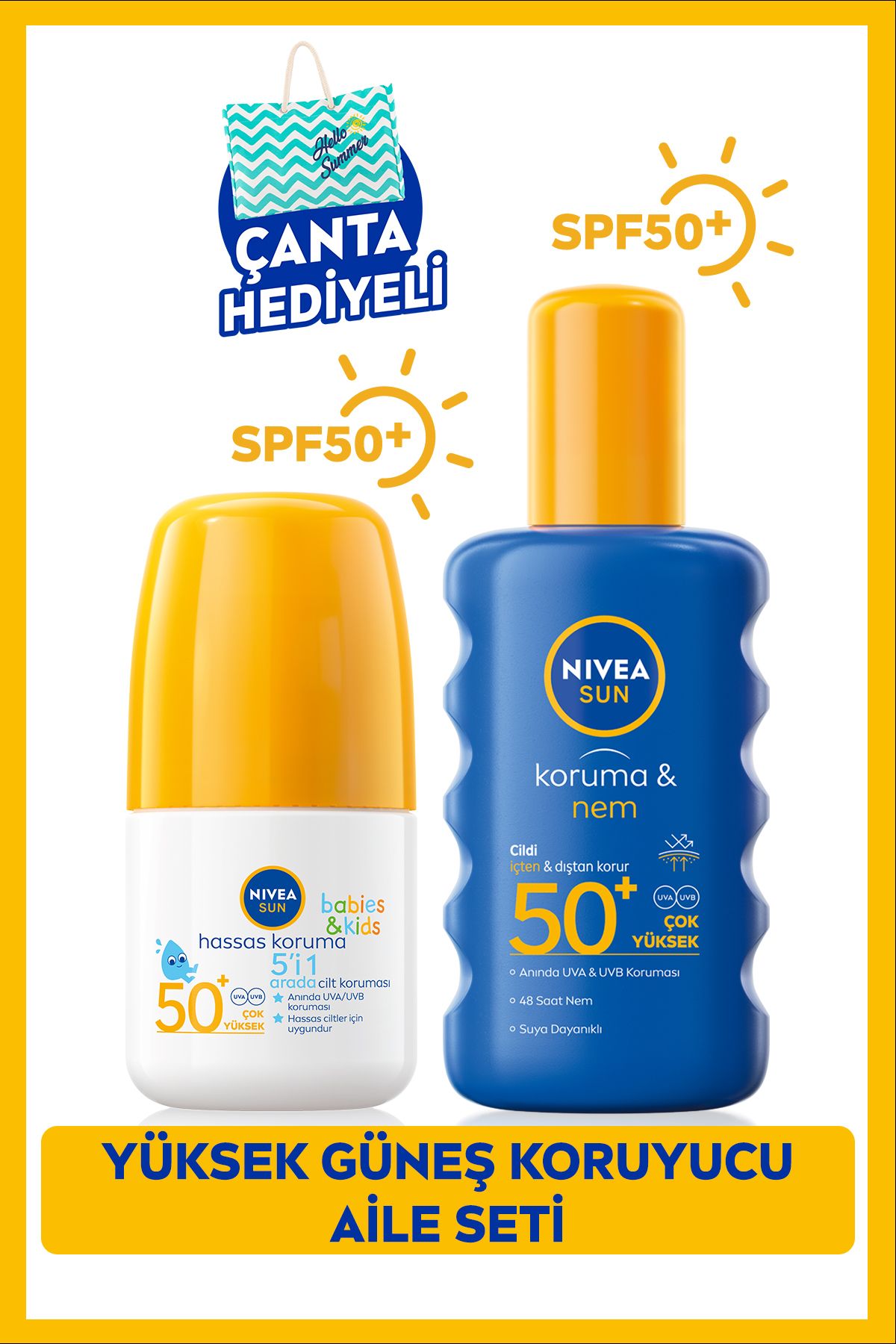 NIVEA Sun Çocuklar Için Güneş Koruyucu Roll-on 50ml Ve Koruma Nem Vücut Spreyi 200ml, Spf50, Çanta