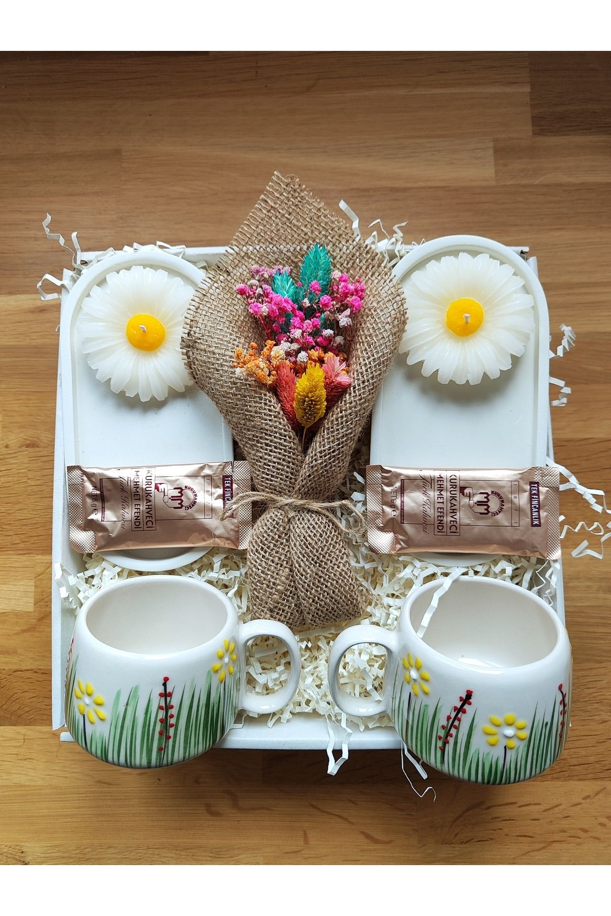 double tasse double assiette de présentation deux pièces de marguerite fleur sèche coffret cadeau café