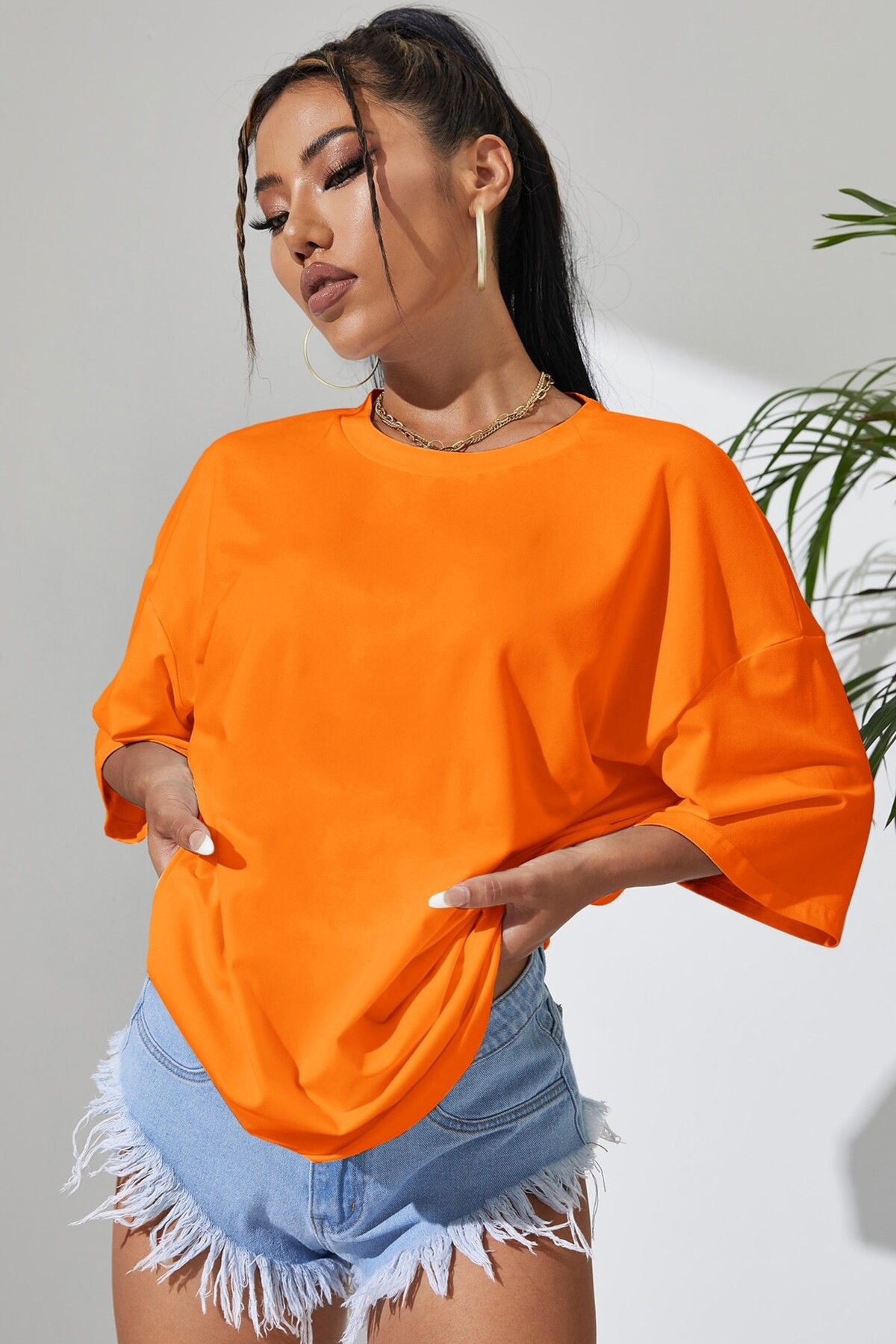 MODAGEN-Unisex Orange Plain Crew Neck Oversize T-Shirt 5