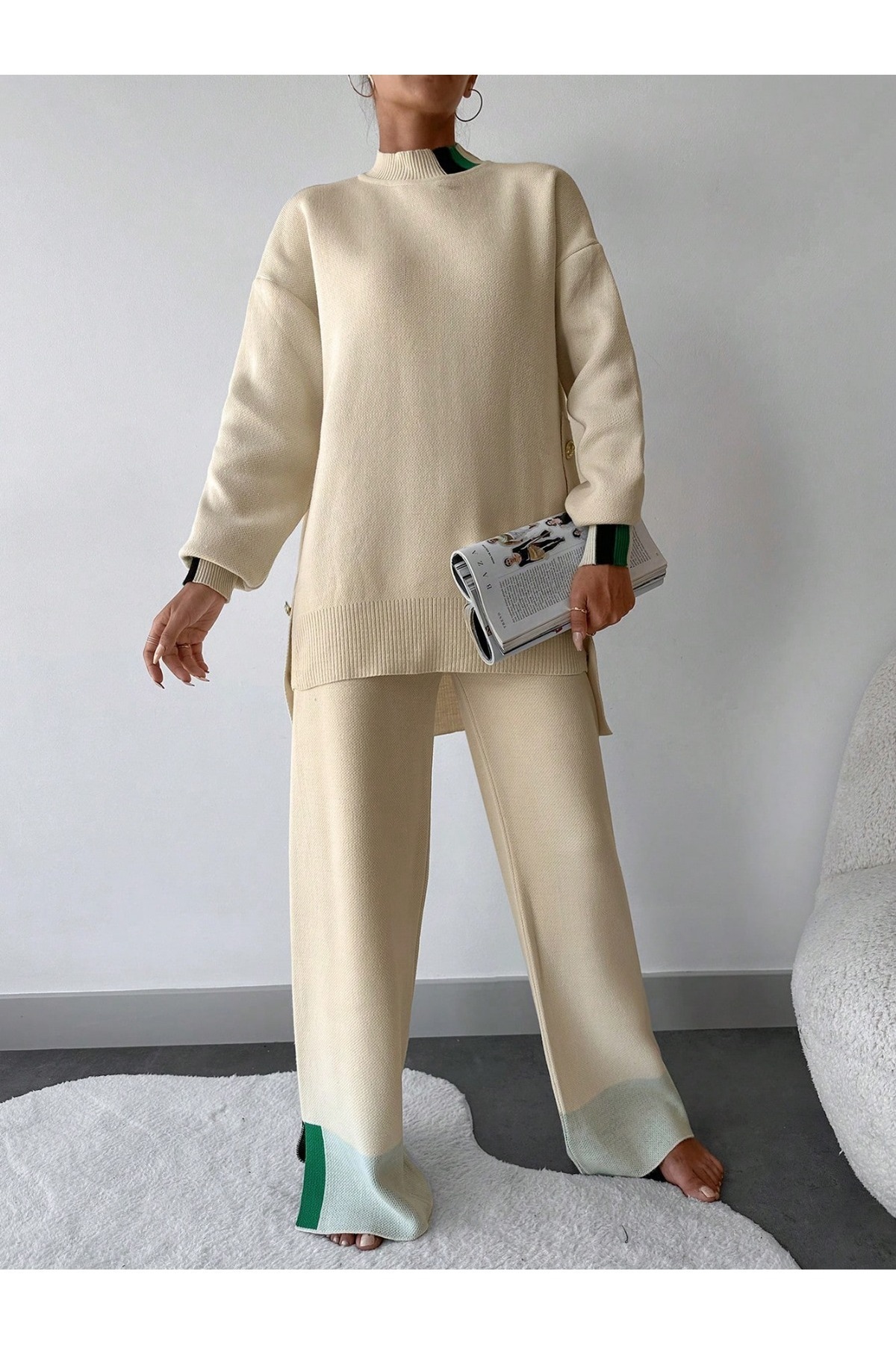 FİFTY ONE Κρεμ Πλεκτά Γυναικεία Σετ Δίκλινο