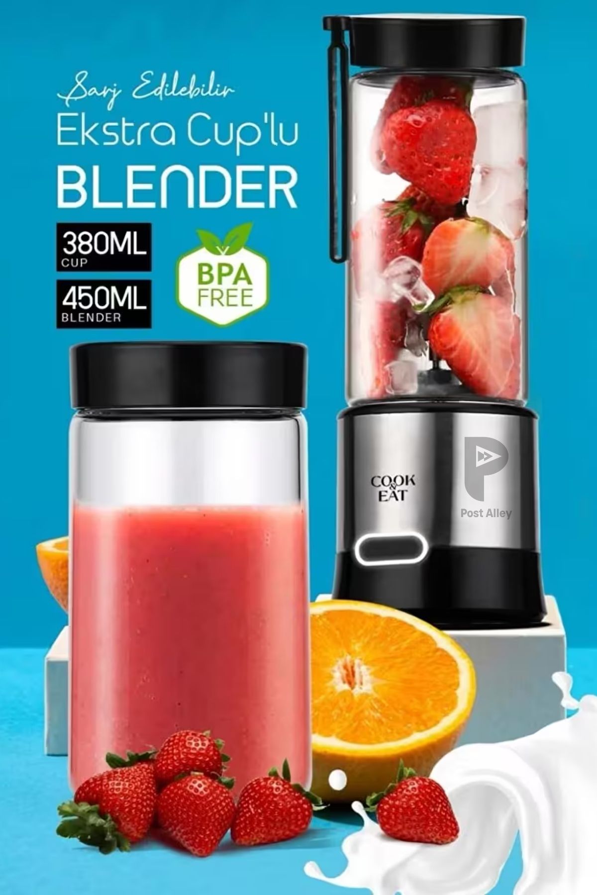 post alley Şarjlı Taşınabilir Smoothie Blenderi (450 ml)+ Ekstra Bardak (350 ml )