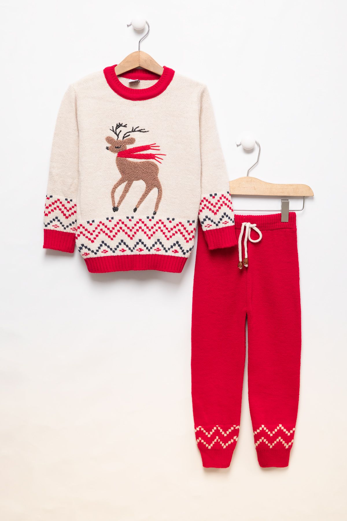 Cansın Mini-Cream Deer Embroidered Christmas Themed Children's Knitwear Set 19833 1