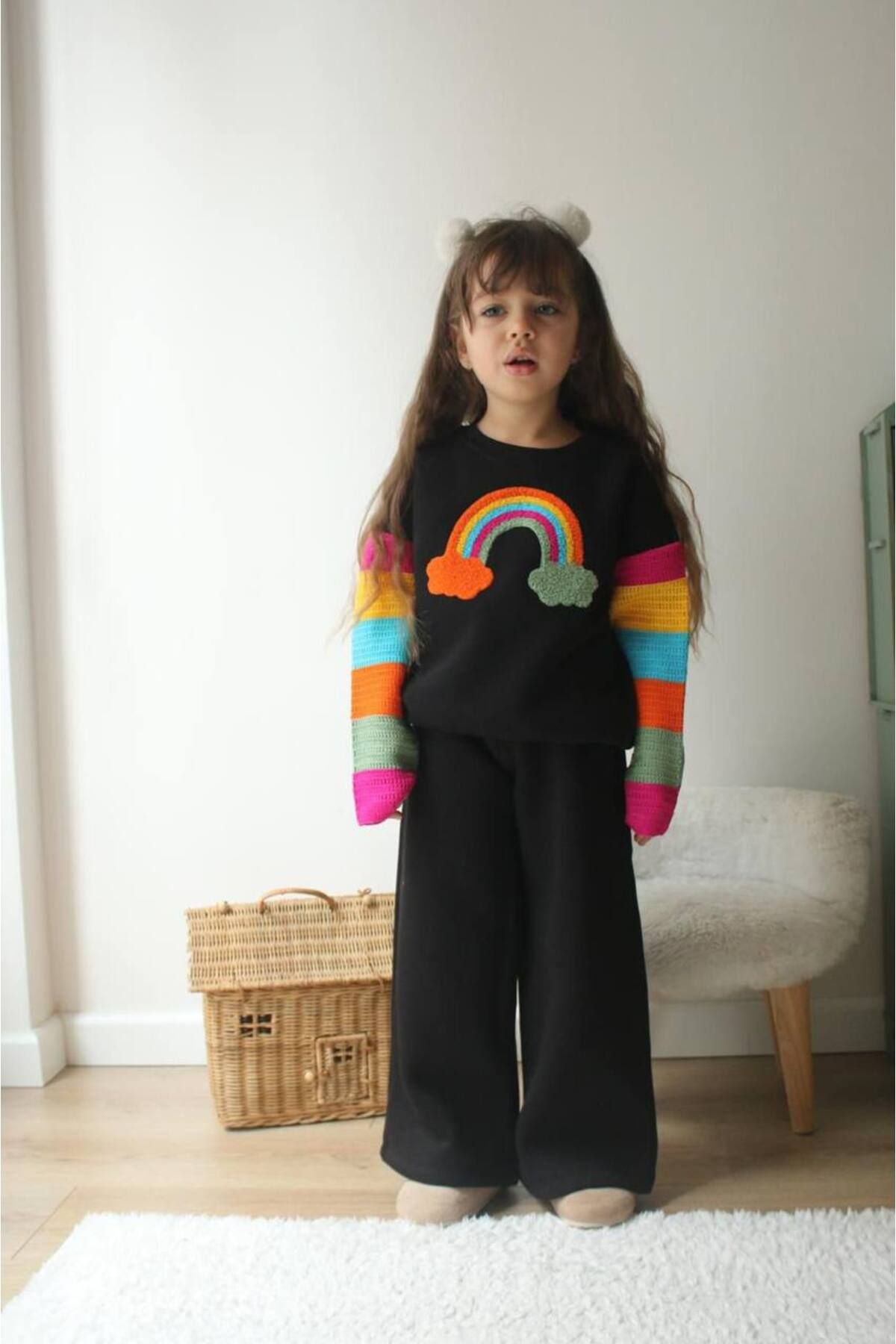 Lolliboomkids-Fată Copil Culoare Neagră Moale Cald 3 Fire Fleece Broderie Hanorac Brodat Trening Partea Inferioară Top Set 2