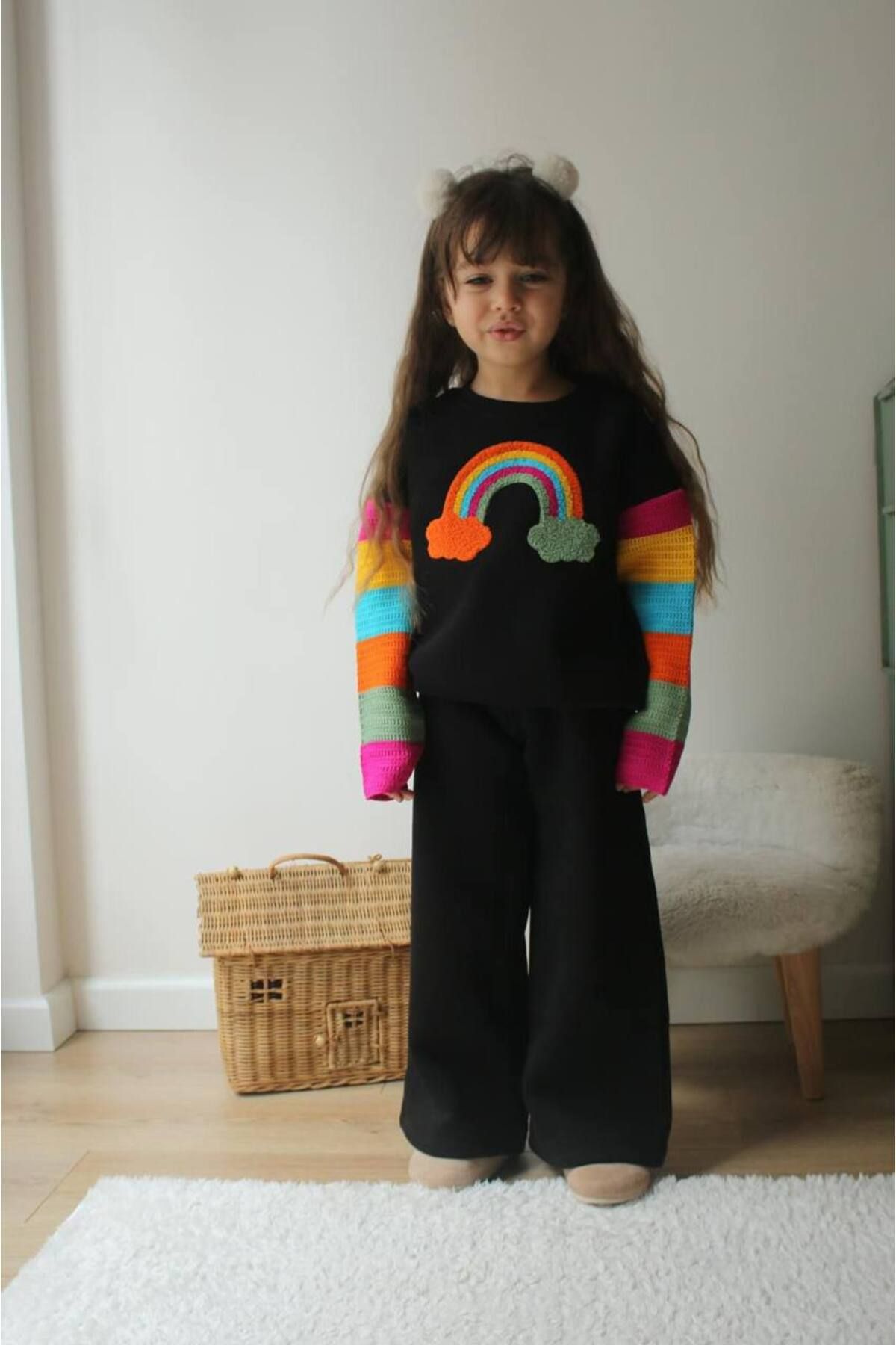 Lolliboomkids-Fată Copil Culoare Neagră Moale Cald 3 Fire Fleece Broderie Hanorac Brodat Trening Partea Inferioară Top Set 1