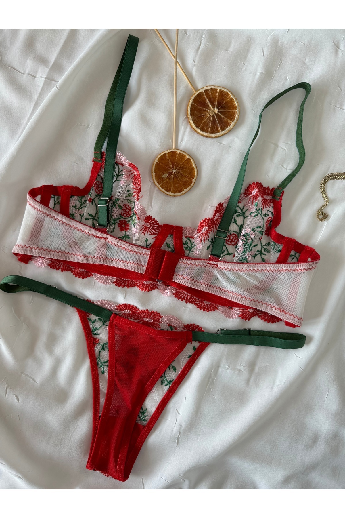 ROZENİN LINGERIE-Christmas Gift Red Green Floral Underwire Cupless Tulle Bra Set (Bra Thong) 8