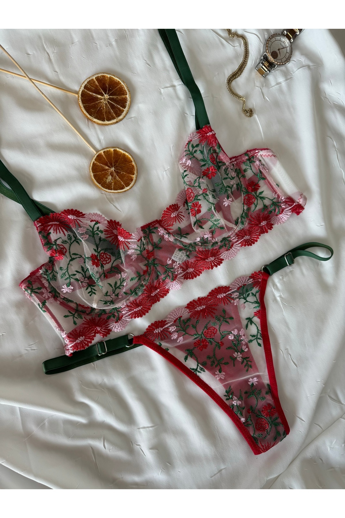 ROZENİN LINGERIE-Christmas Gift Red Green Floral Underwire Cupless Tulle Bra Set (Bra Thong) 5