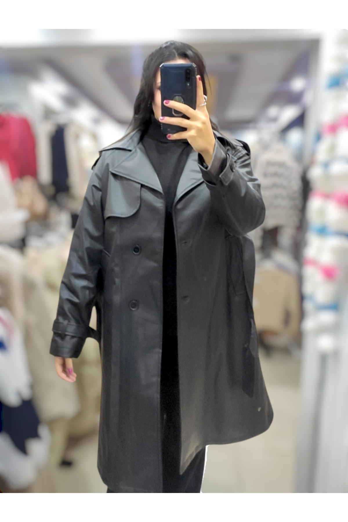 Sublime Butik Kadın Siyah Deri Kuşaklı Düğmeli Palto görsel 7