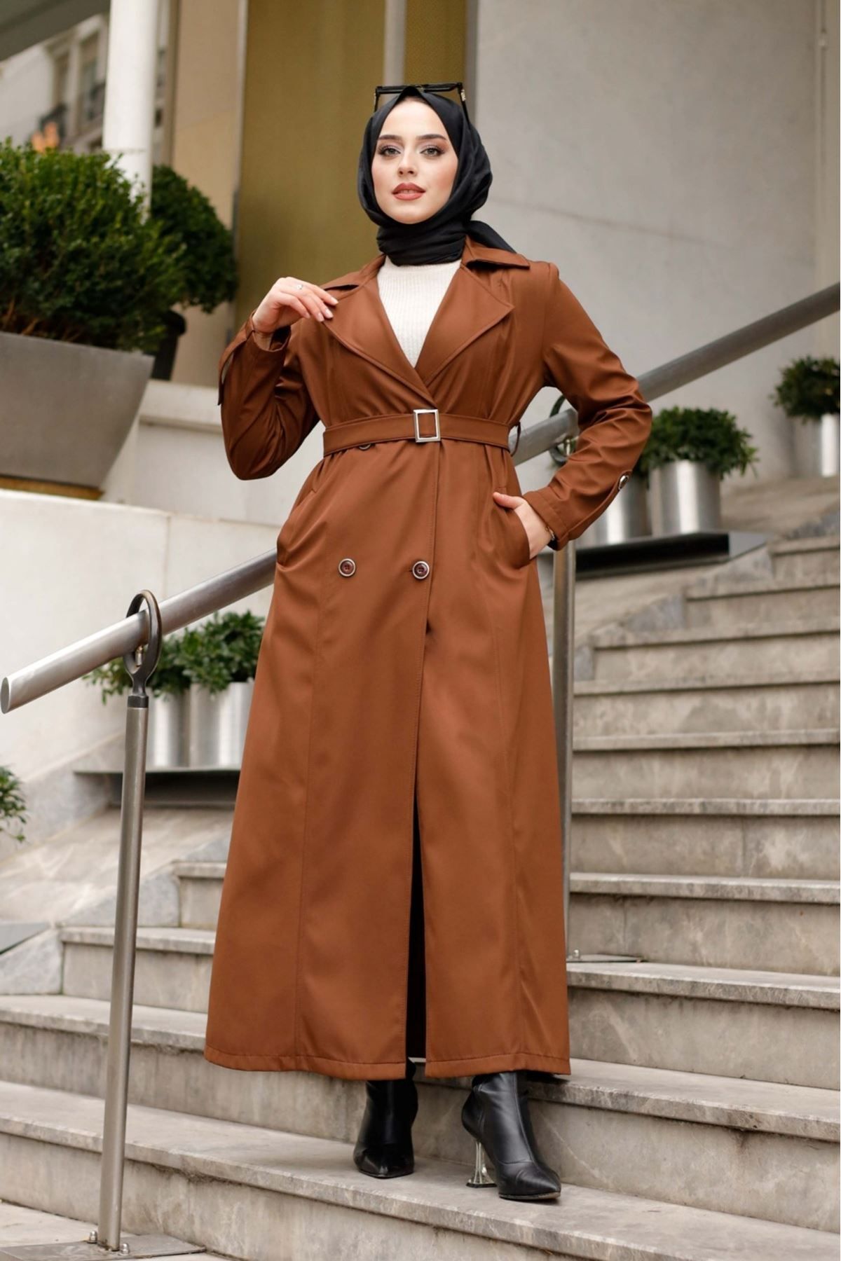 ALNİSS COLLECTİON-Lined Belt Detailed Full Length Trench Coat Top Coat 6