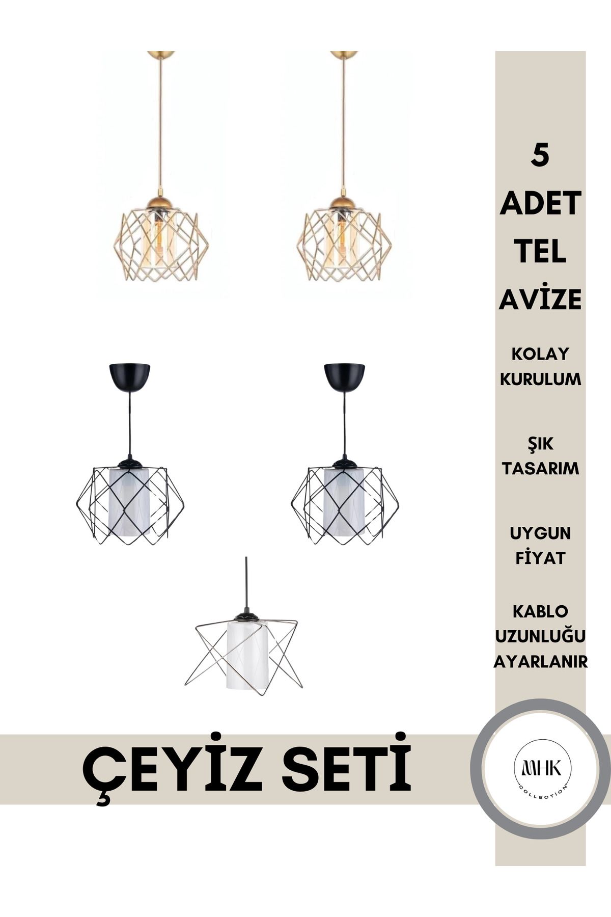Modern Çeyiz Avize Seti - 5 Parça - Şık Tasarım Antre, Salon, Oturma Odası, Çocuk Odası, Mutfak