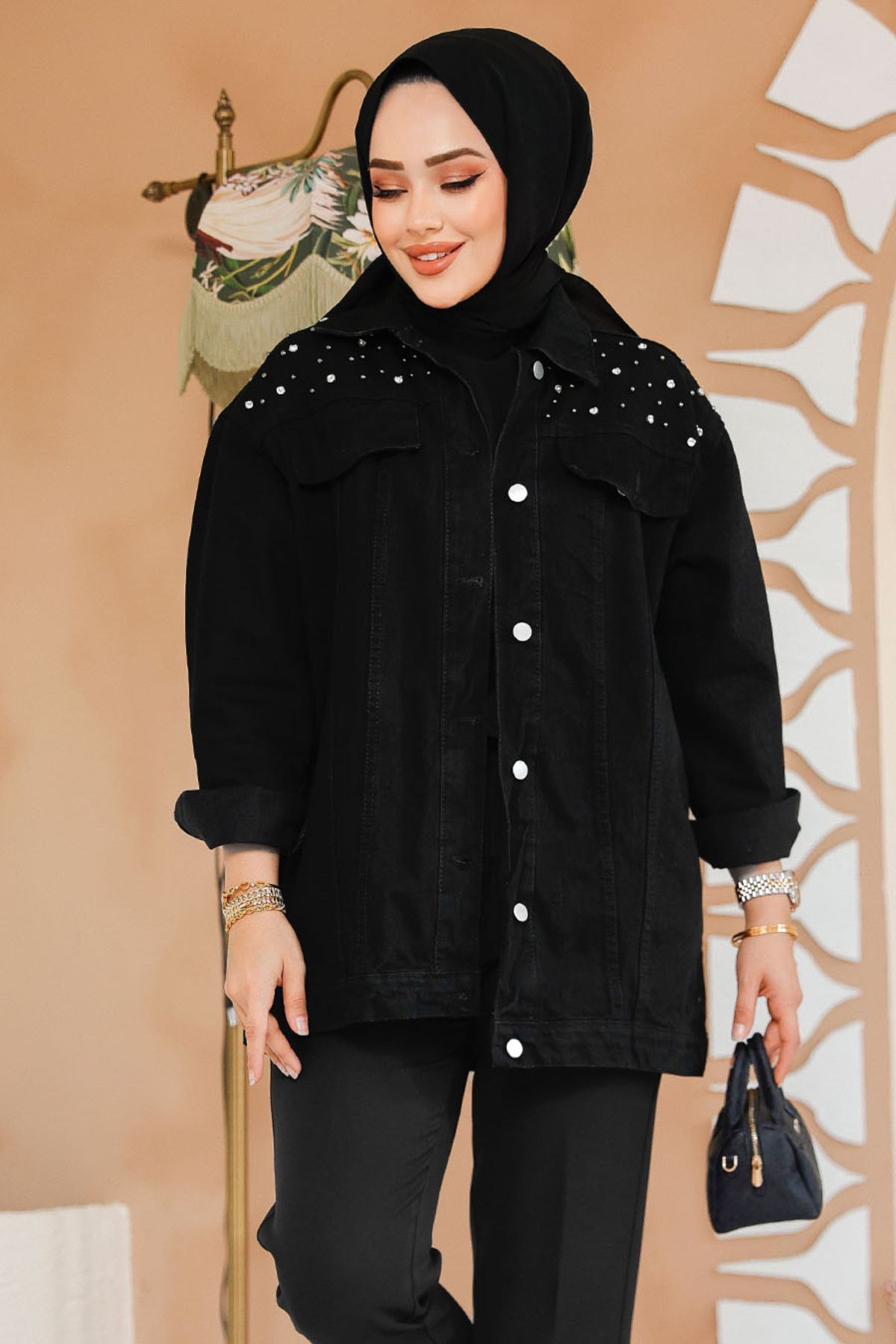 Neva Style-Buttoned Black Hijab Denim Jacket 10003S 1