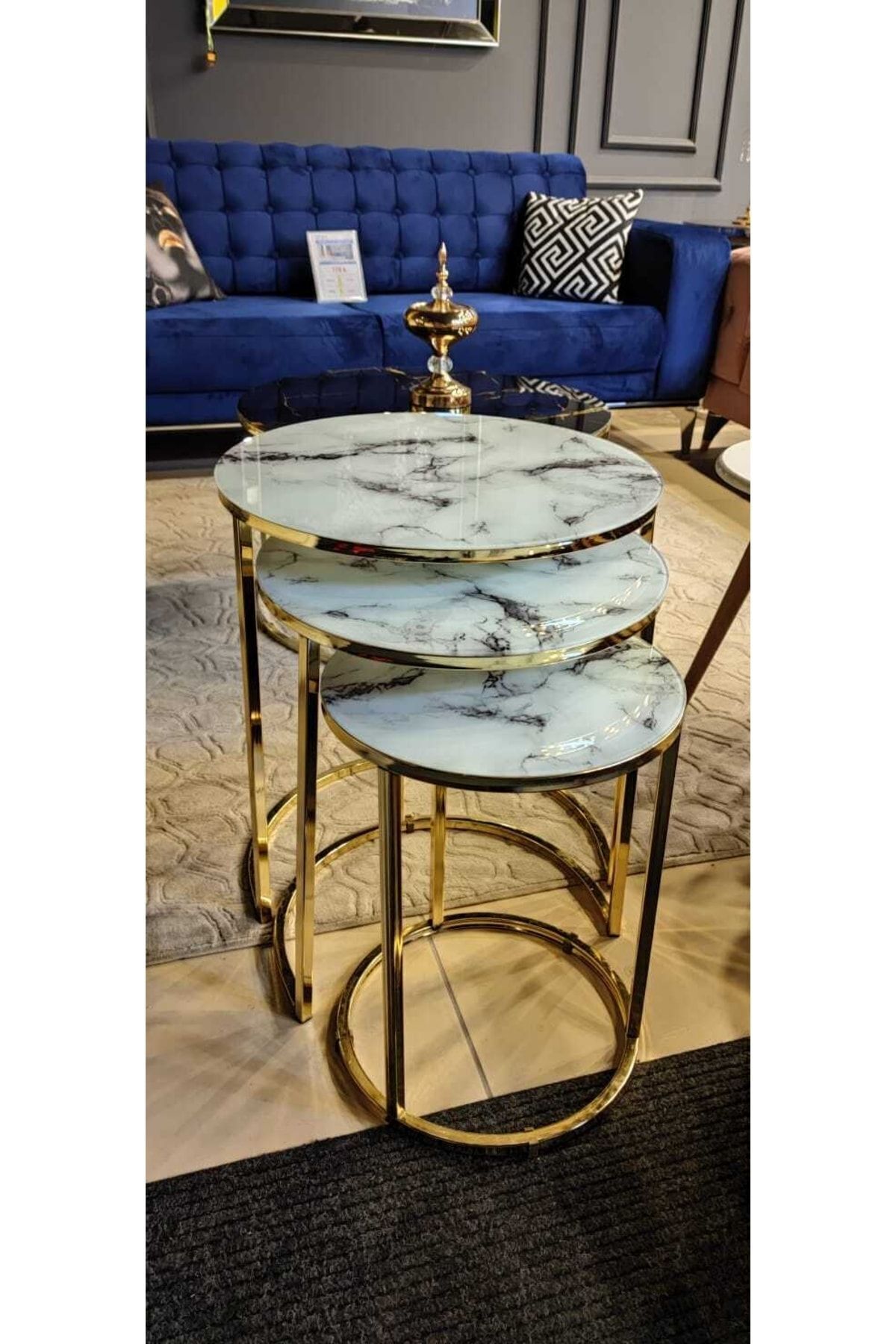 Beyaz Mermer Desenli Kırılmaz Cam 3'lü Gold Metal Zigon Sehpa