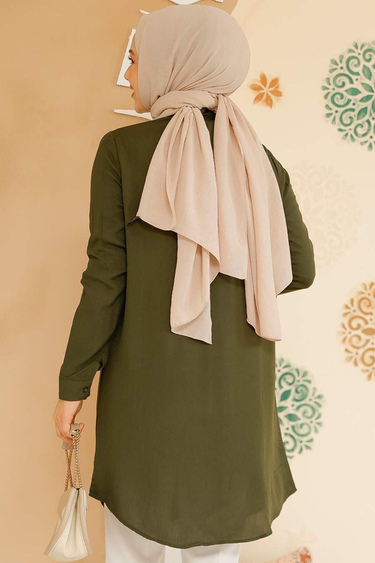 Neva Style-Khaki Patterned Hijab Tunic - 11715Hk 3