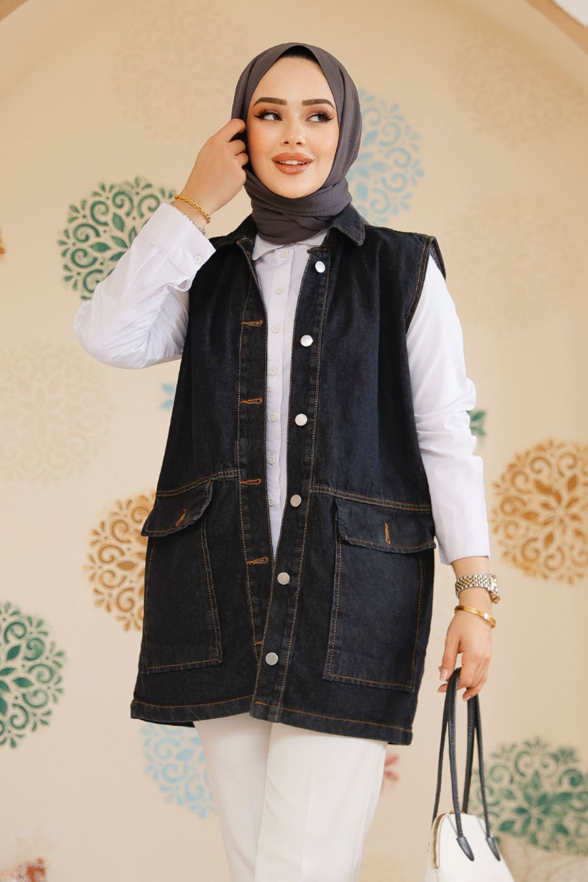 Neva Style-Dark Anthracite Buttoned Hijab Vest - 20444Kant 1