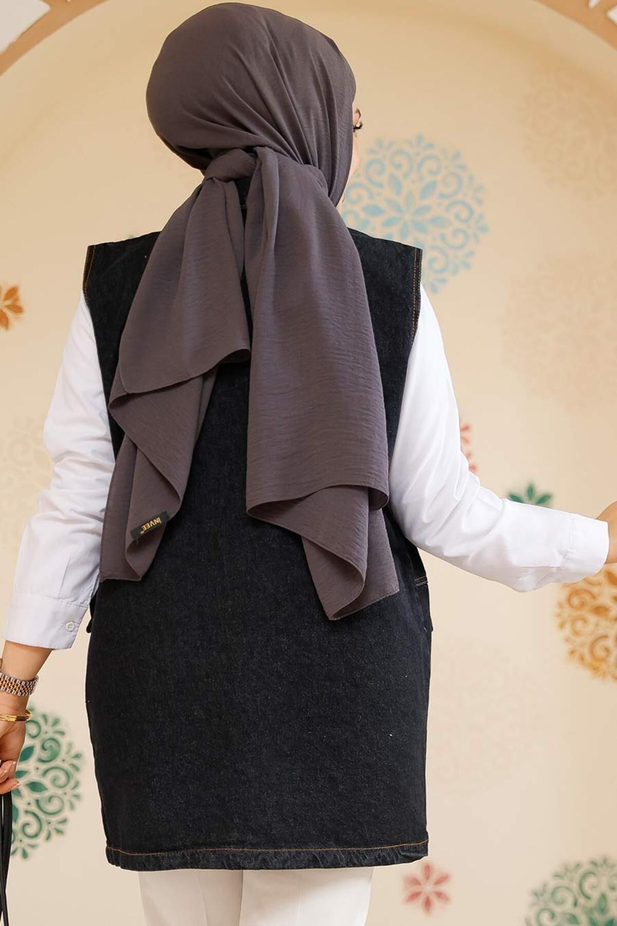 Neva Style-Dark Anthracite Buttoned Hijab Vest - 20444Kant 5