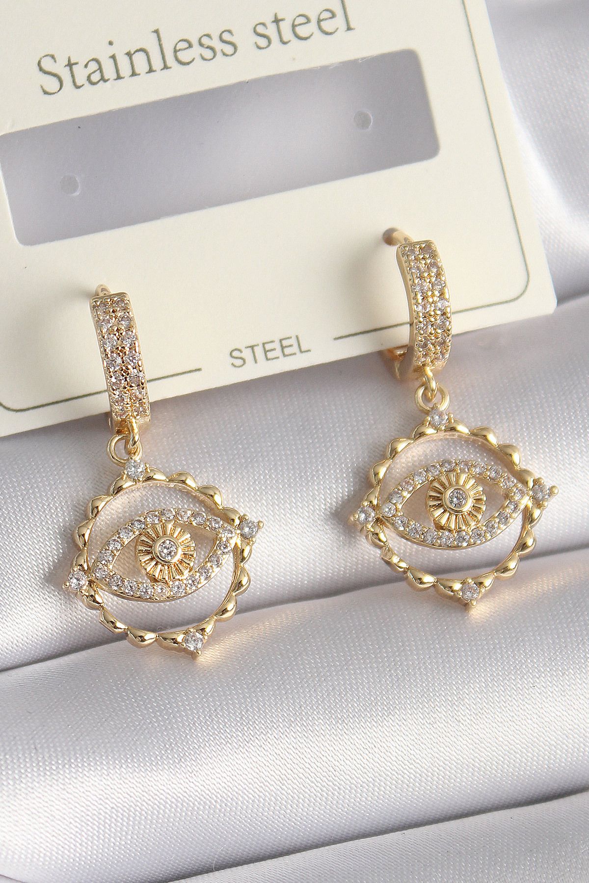 Tekno Yuva Pirinç Gold Renk Zirkon Taşlı Göz Model Kadın Küpe