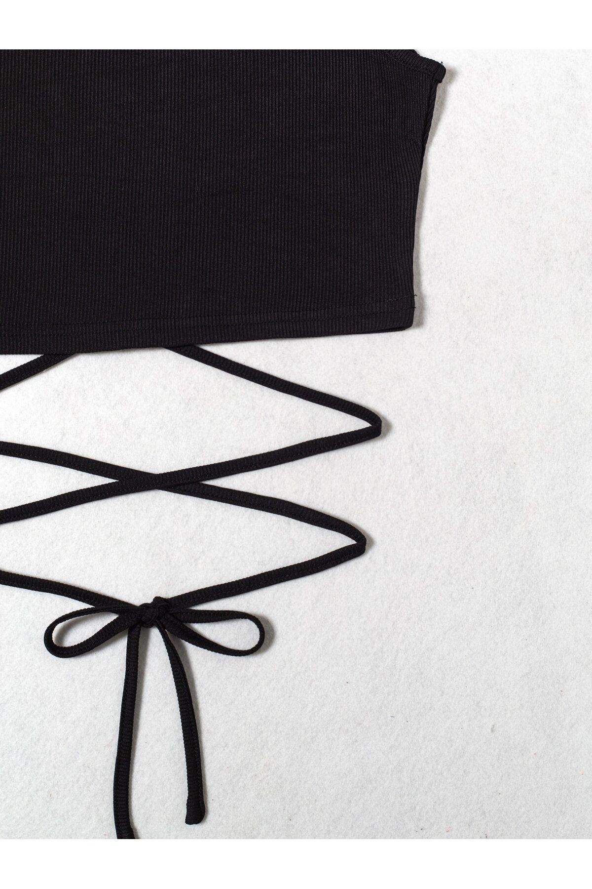 Liona-Black Color Crew Neck Plain Patternless Lycra Drawstring Ribbed Camisole Crop Top Blouse 5