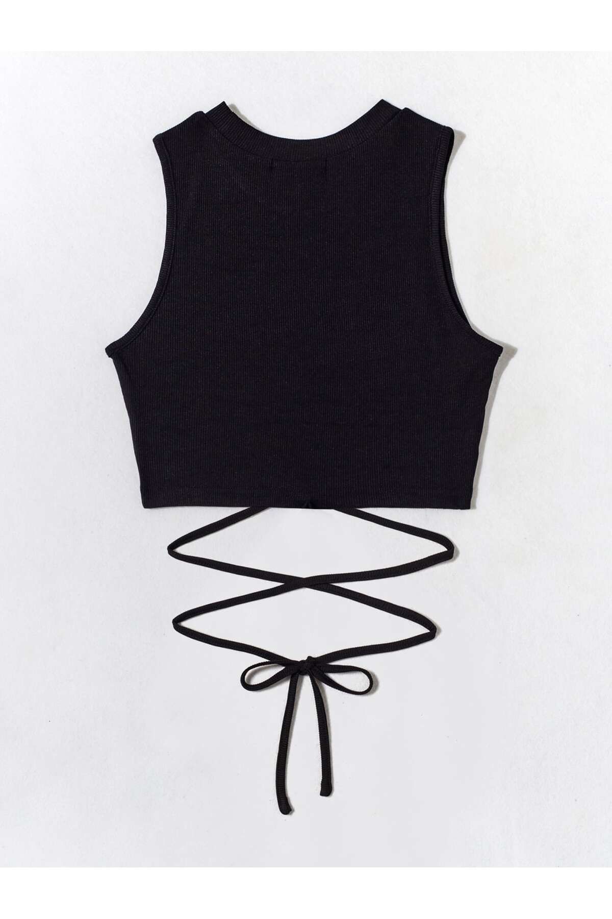 Liona-Black Color Crew Neck Plain Patternless Lycra Drawstring Ribbed Camisole Crop Top Blouse 4