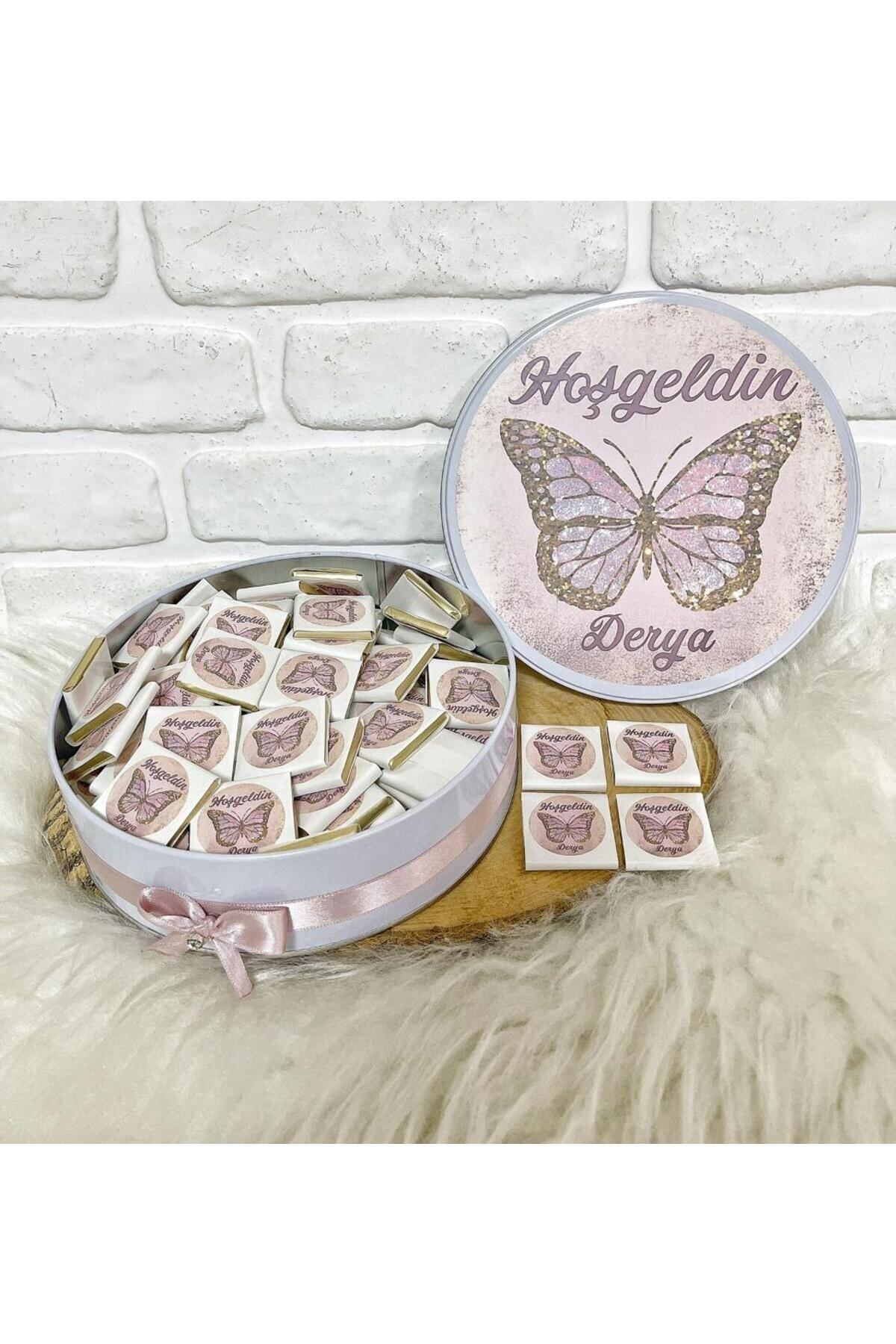 Angel Gift Chocolate 100 Adet Isme Özel Pembe Kelebek Hediyelik Hoşgeldin Kız Bebek Doğum Çikolatası fotoğrafı 3 (önizleme)