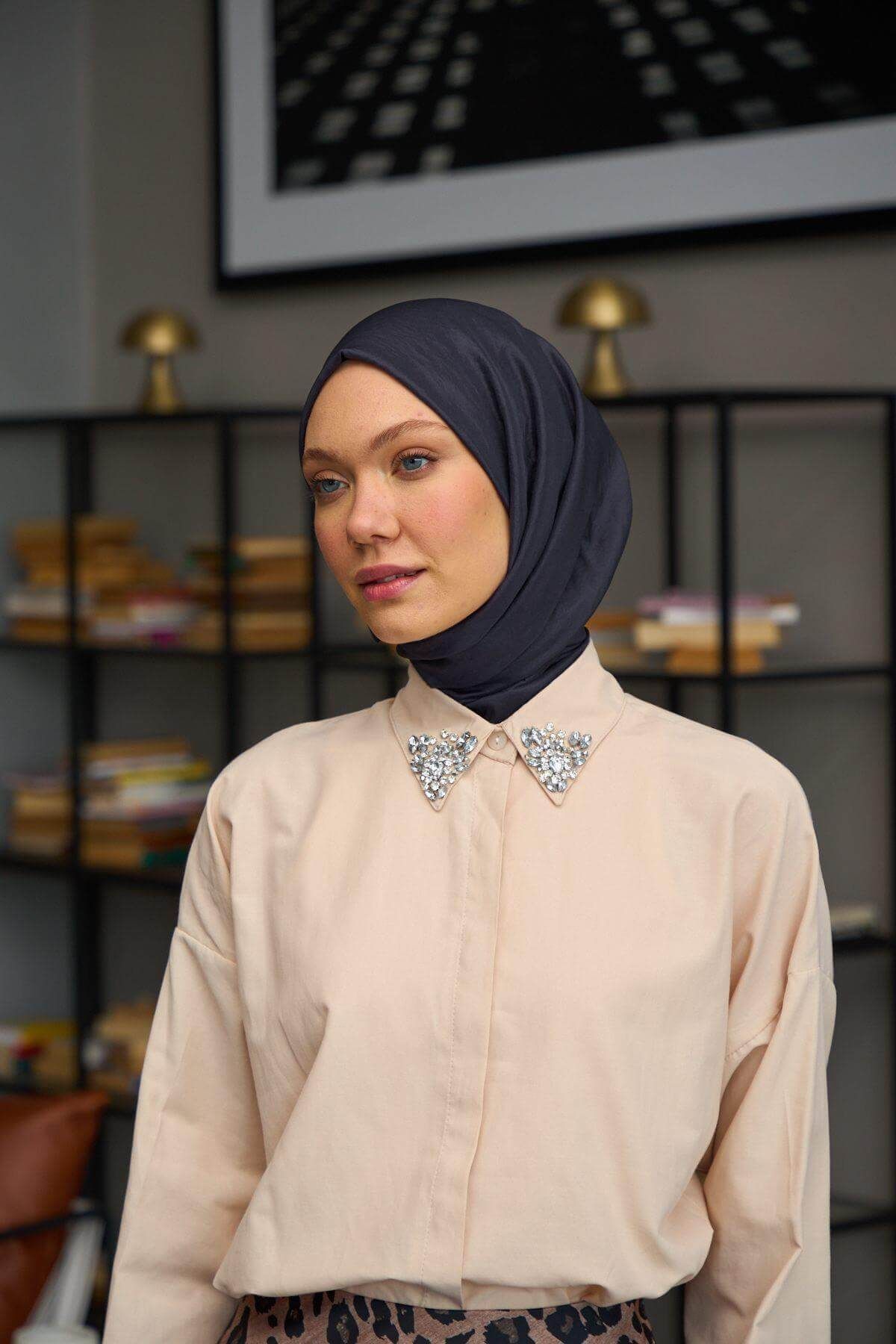 İpekhan-Plain Pattern Voile Shawl Dark Gray Voile Silk Shawl - 9800-22 3