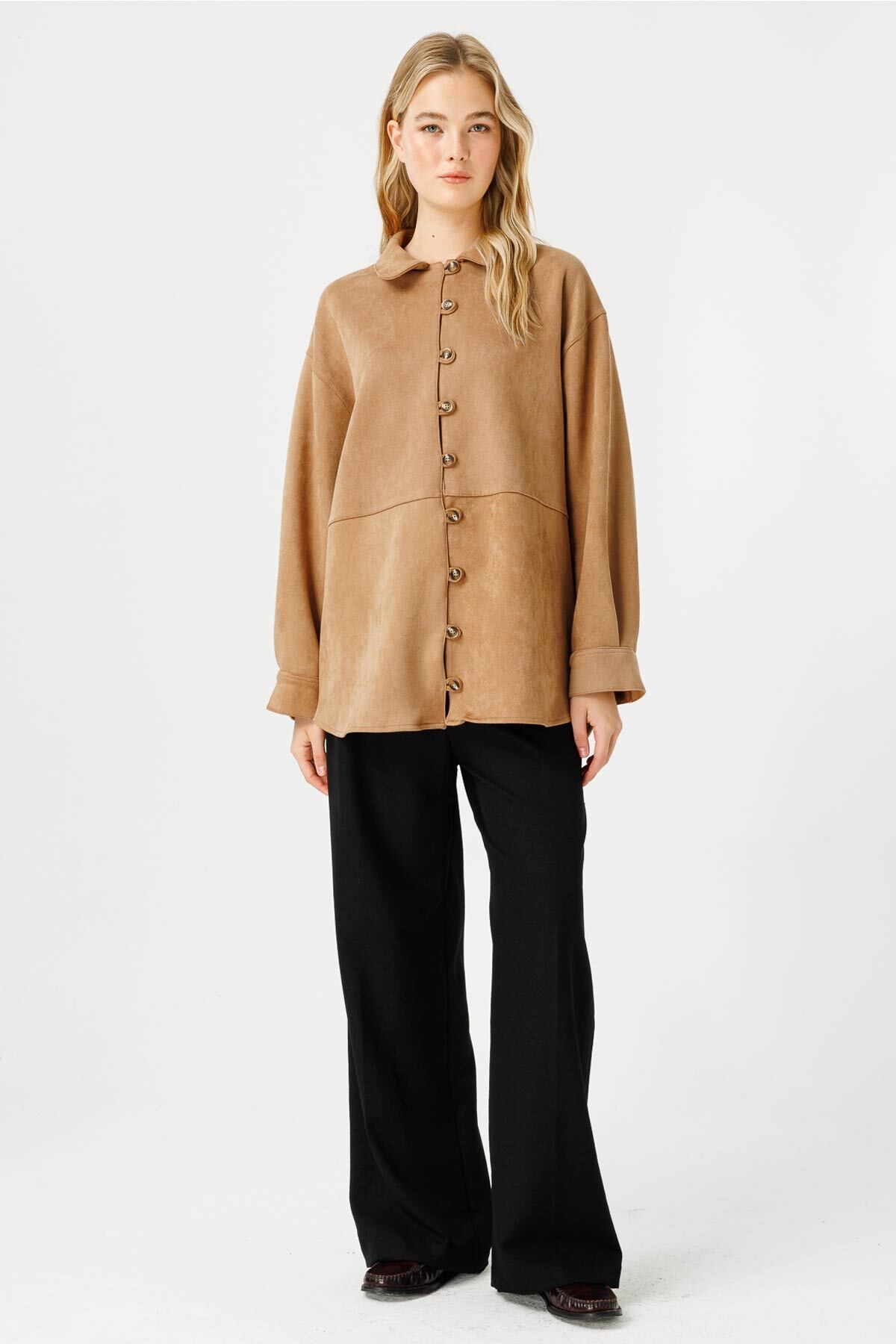 Hooopstore-Suede Birit Detailed Camel Suede Shirt 2