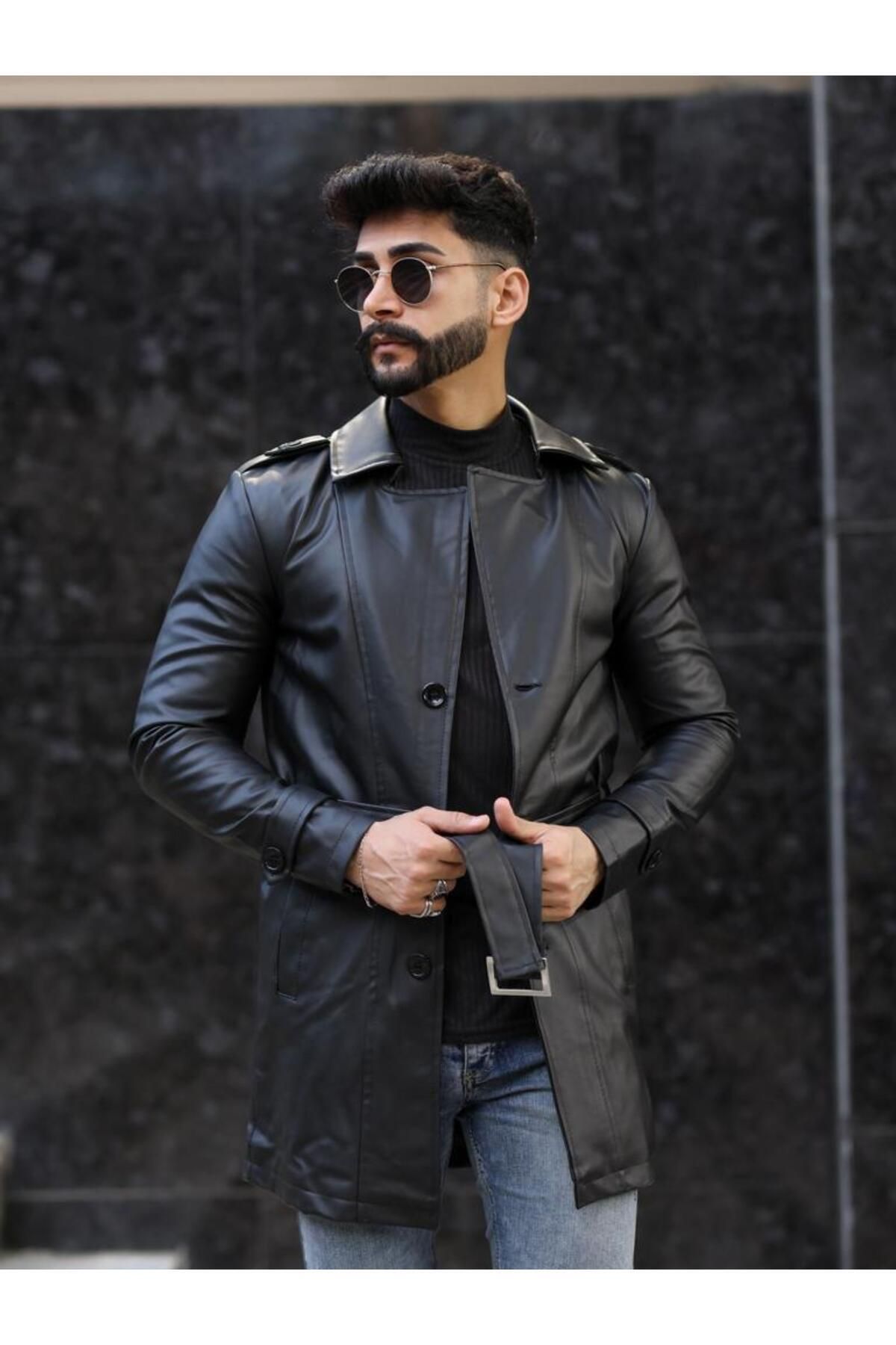 geyigo-Men's Long Leather Jacket 2