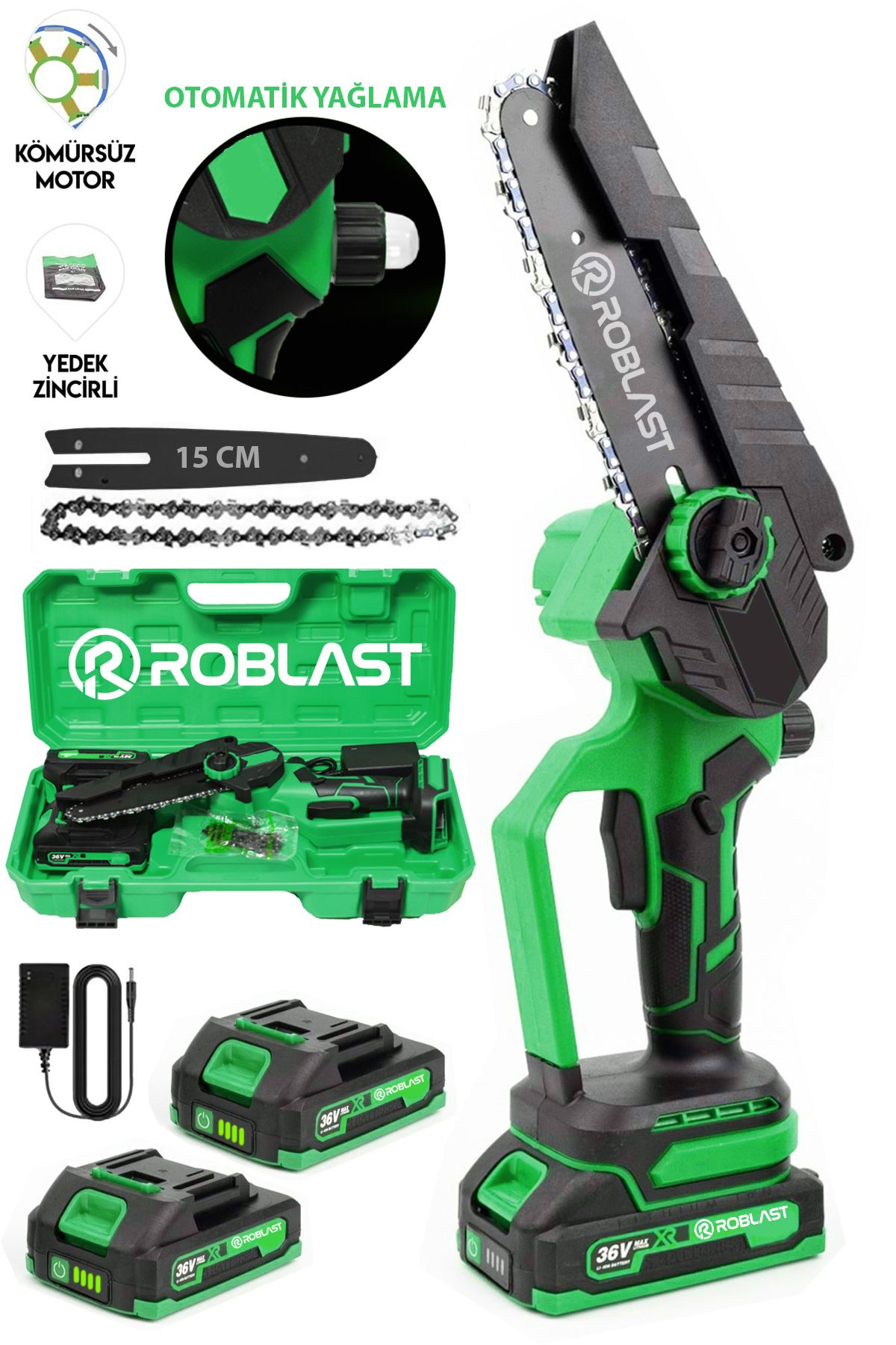 ROBLAST 36V 5Ah Profesyonel Çift Bataryalı Kömürsüz Motor 15Cm Pala Dal budama Testeresi