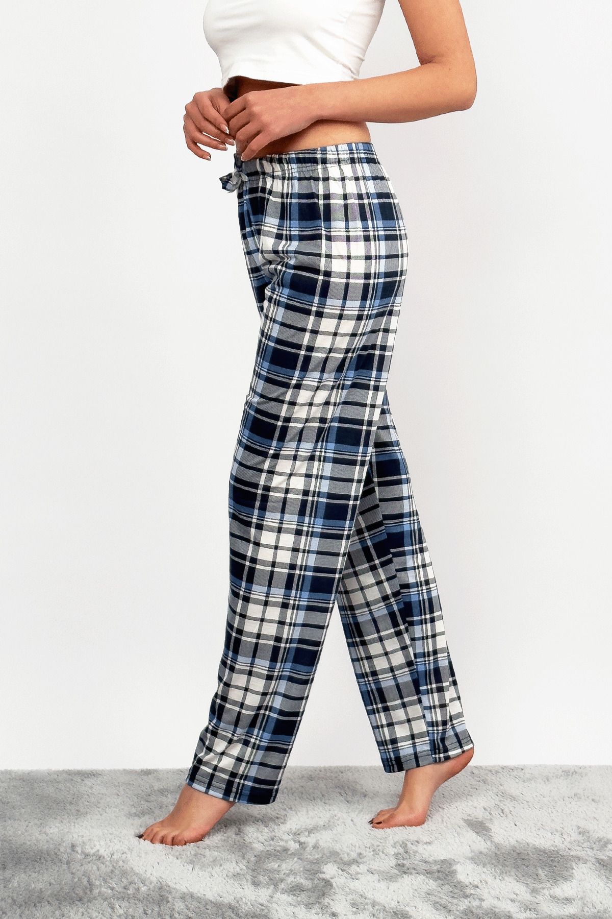 Betimoda-Women's Cotton Plaid Patterned Pajama Bottoms Tracksuit with Ribbon Light Blue White Square 6