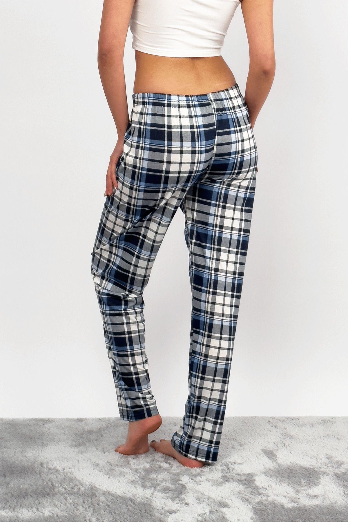 Betimoda-Women's Cotton Plaid Patterned Pajama Bottoms Tracksuit with Ribbon Light Blue White Square 7