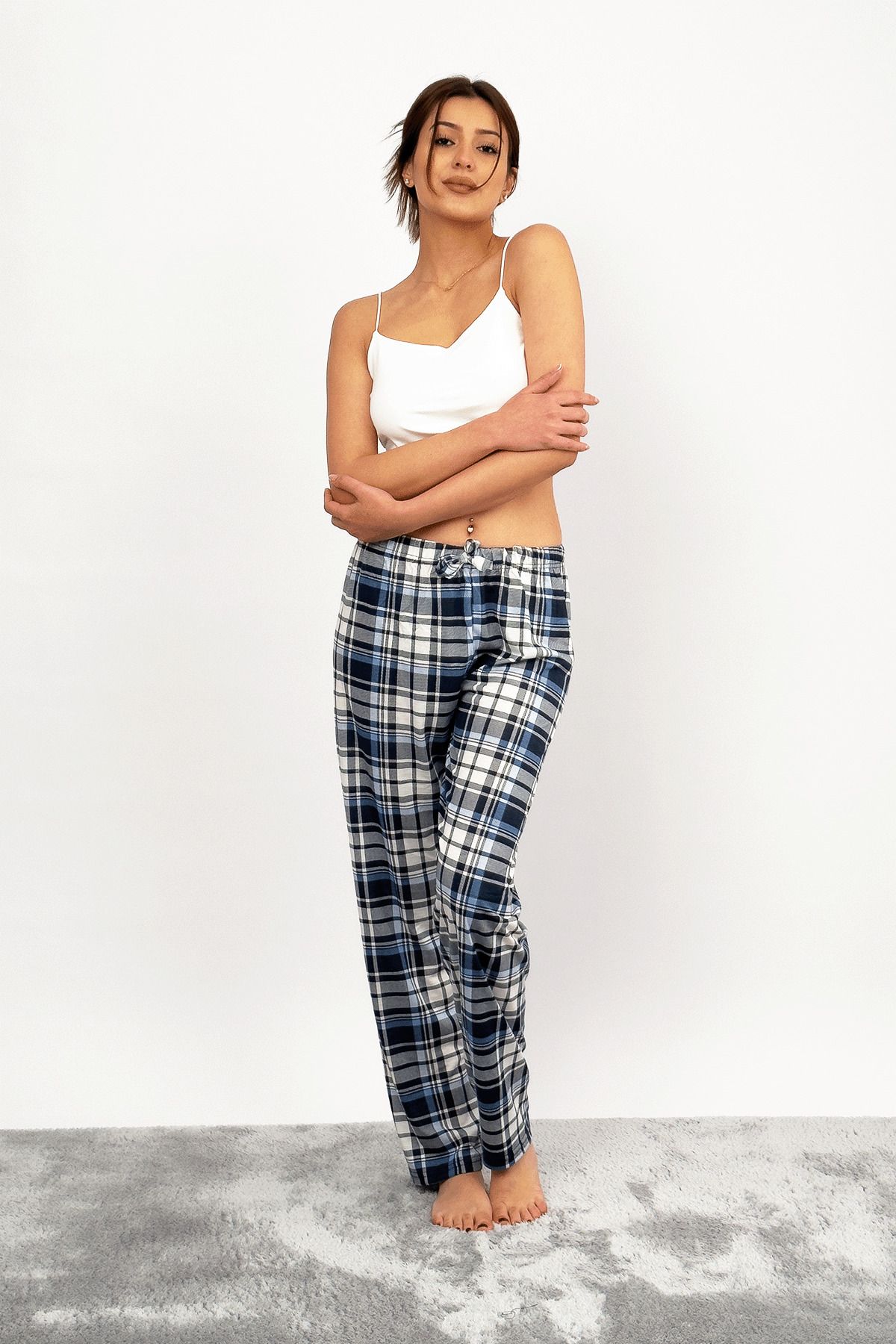 Betimoda-Women's Cotton Plaid Patterned Pajama Bottoms Tracksuit with Ribbon Light Blue White Square 1