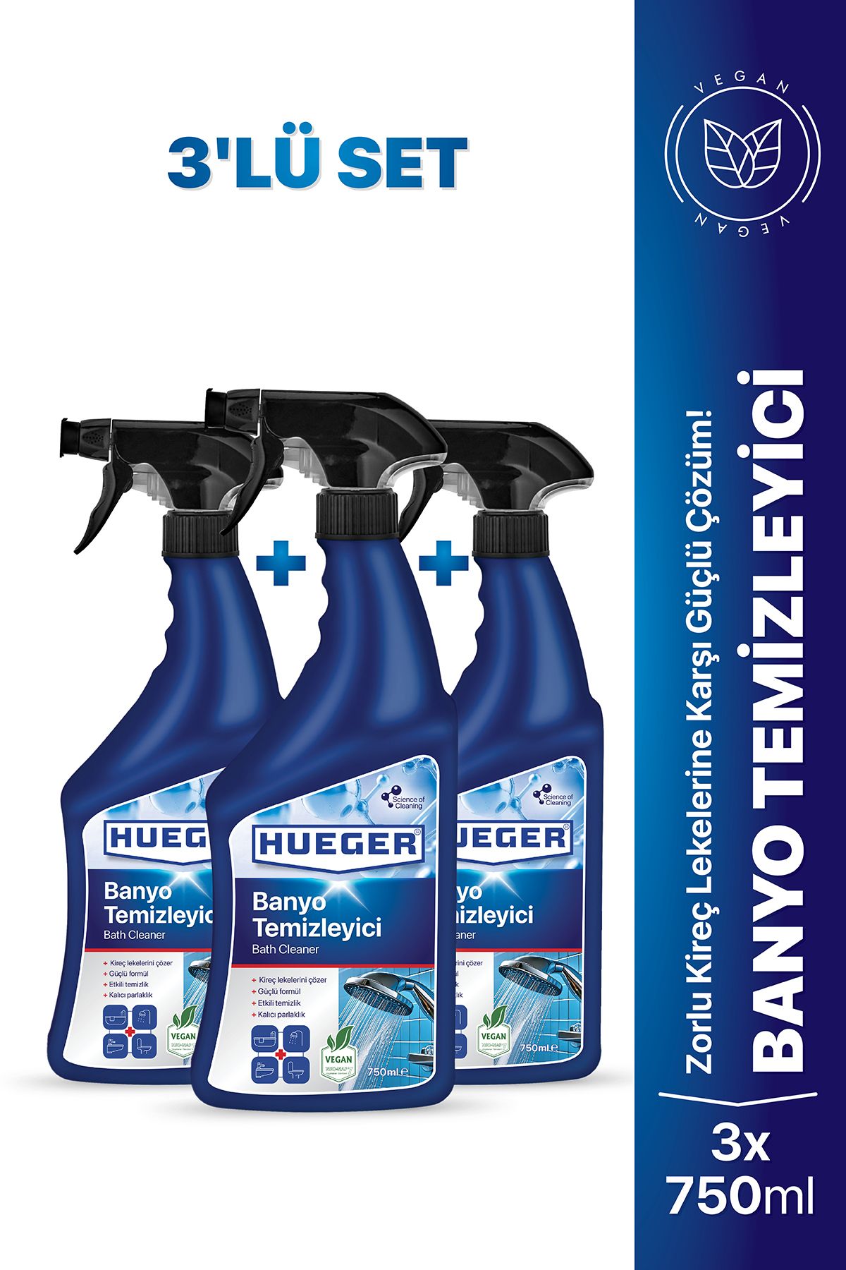 Hueger Ultra Güçlü Banyo Temizleyici ve Kireç Çözücü Sprey 3'lü Set 750 ml + 750 ml + 750 ml