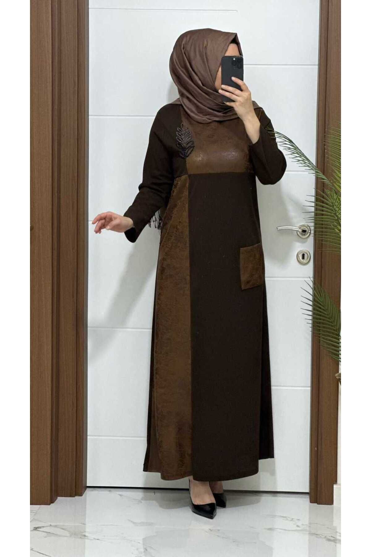 masalabiyem-7152 K 100 Brown Leaves Stone Crepe Dress 1