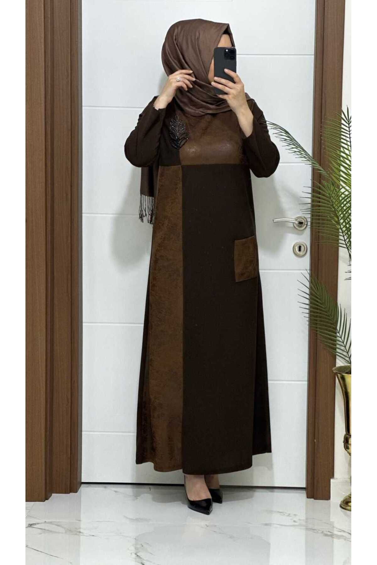 masalabiyem-7152 K 100 Brown Leaves Stone Crepe Dress 2