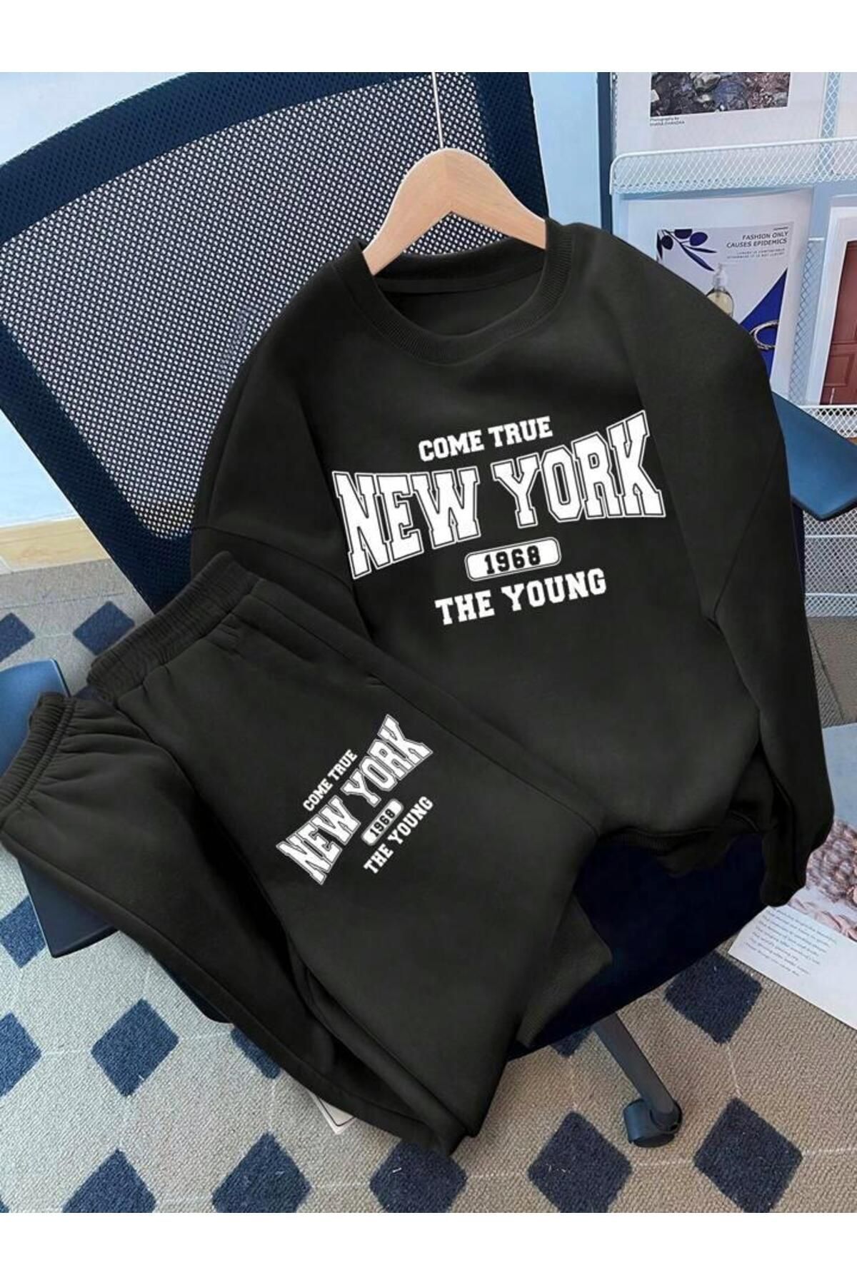 FoxSkin Sportswear&Company New York 1968 Pamuk Çocuk Takım - Siyah Sweatshirt Jogger Baskılı Kız Erkek Çocuk Bisiklet Yaka