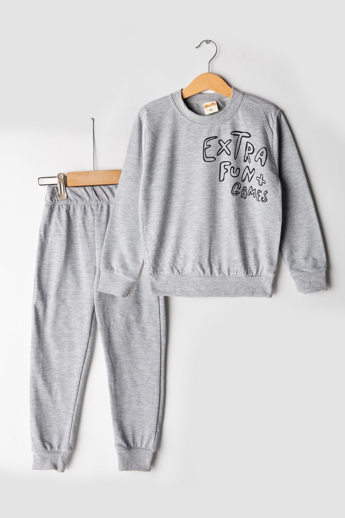 FoxSkin Sportswear&Company Extra Fun Pamuk Çocuk Takım - Gri Sweatshirt Jogger Baskılı Kız Erkek Çocuk Bisiklet Yaka