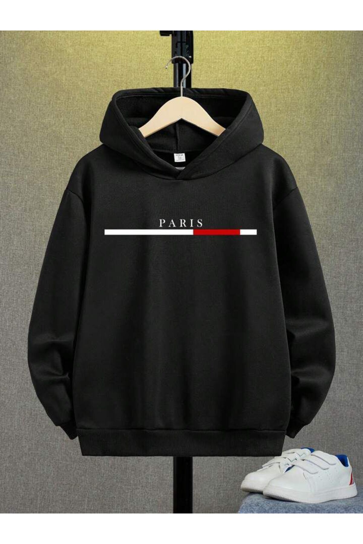 FoxSkin Sportswear&Company Paris Çizgi Pamuklu Çocuk Sweatshirt - Siyah Baskılı Kız Erkek Çocuk Kışlık Cepli Kapüşonlu