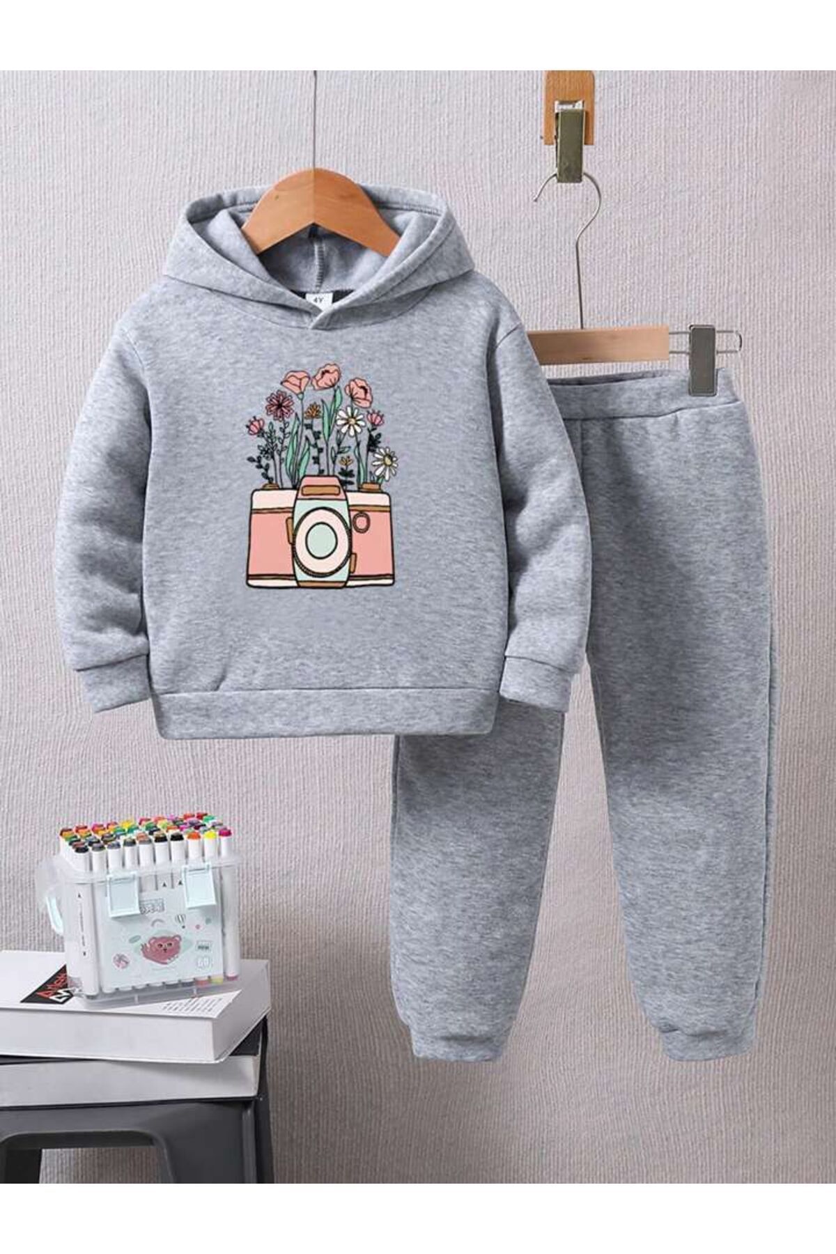 FoxSkin Sportswear&Company Çiçekli Kamera Pamuk Çocuk Takım - Gri Sweatshirt Jogger Baskılı Kız Erkek Çocuk Kapüşonlu