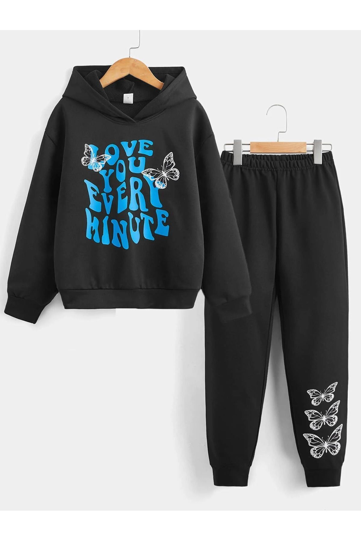 FoxSkin Sportswear&Company Love You Butterfly Pamuk Çocuk Takım - Siyah Sweatshirt Jogger Baskılı Kız Erkek Çocuk Kapüşonlu