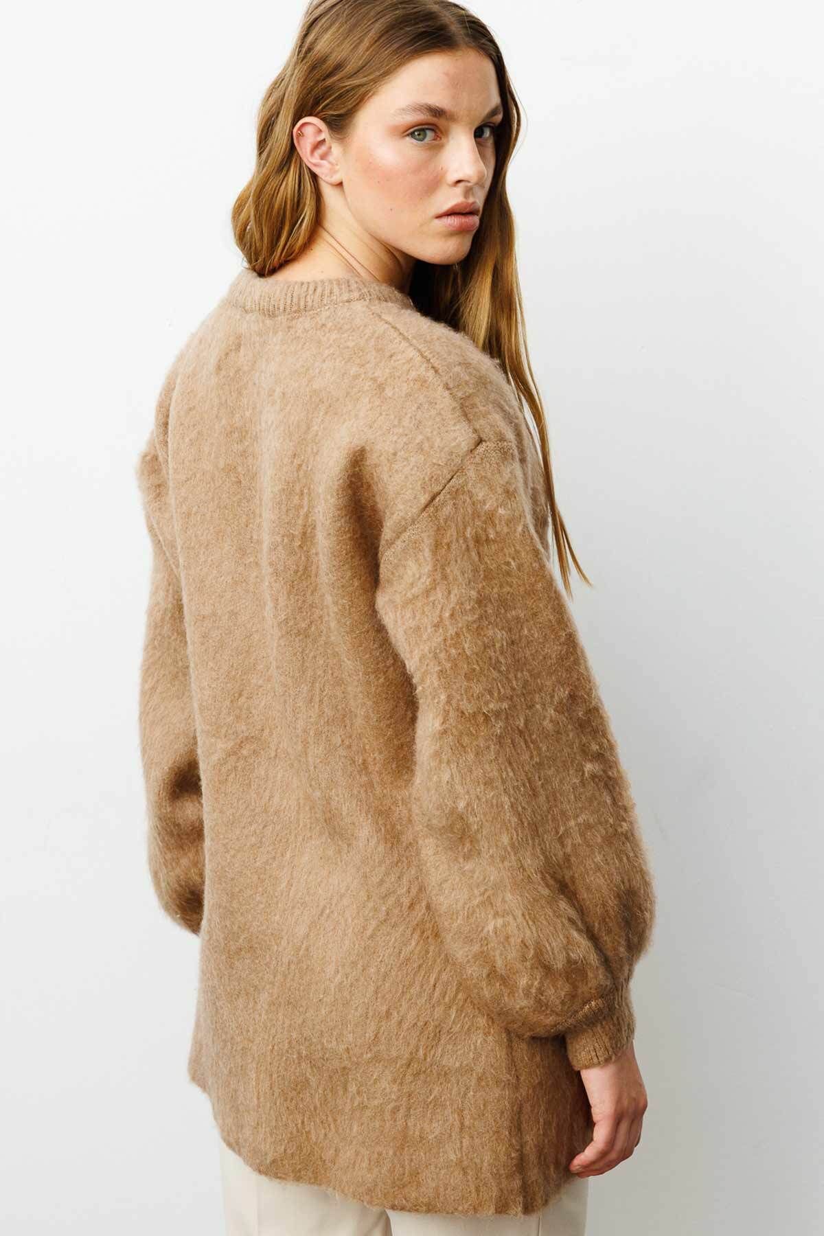 Hooopstore-Belted Bird Eyed Camel Sweater 8