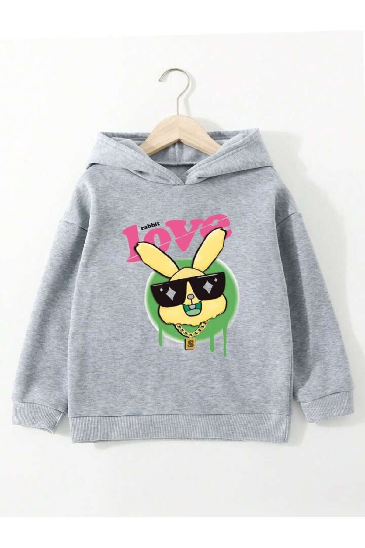 FoxSkin Sportswear&Company Love Tavşan Pamuklu Çocuk Sweatshirt - Gri Baskılı Kız Erkek Çocuk Kışlık Cepli Kapüşonlu