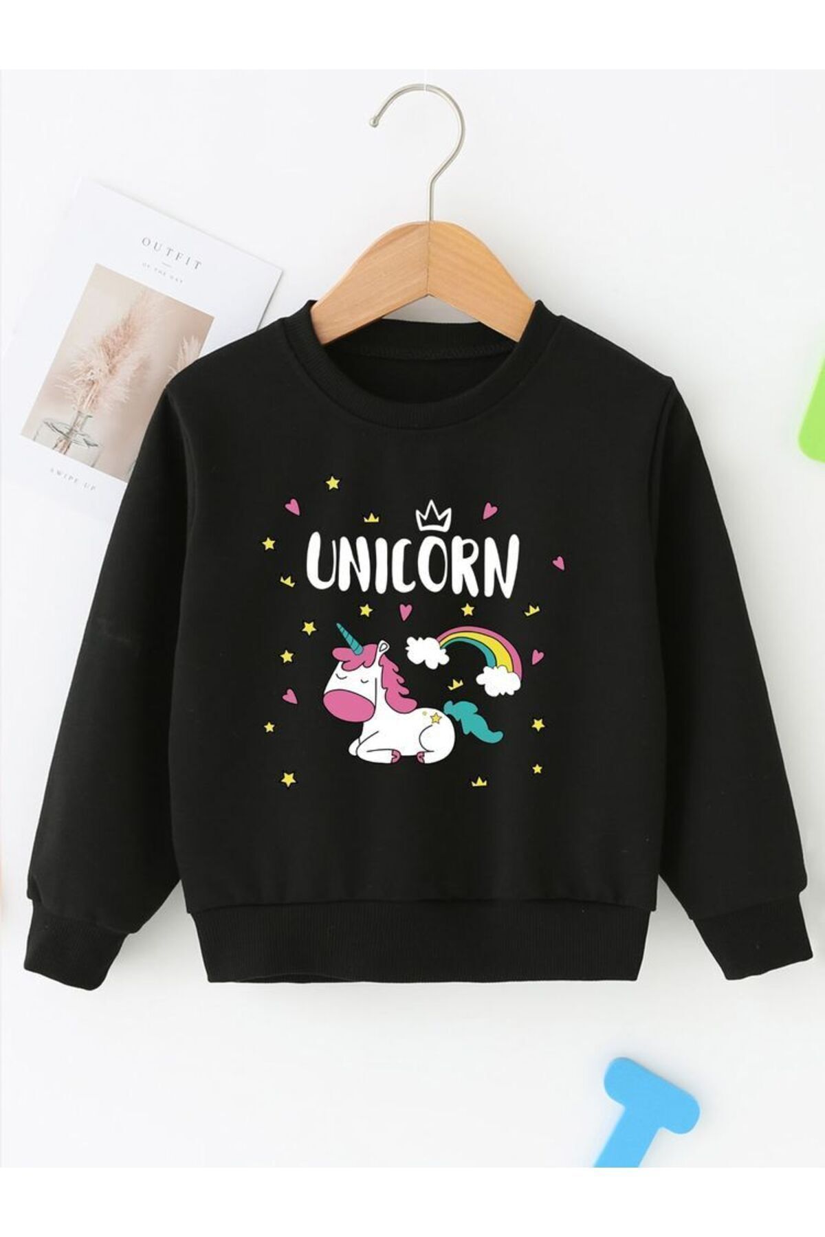 FoxSkin Sportswear&Company Unicorn Pamuklu Çocuk Sweatshirt - Siyah Baskılı Kız Erkek Çocuk Kışlık Bisiklet Yaka