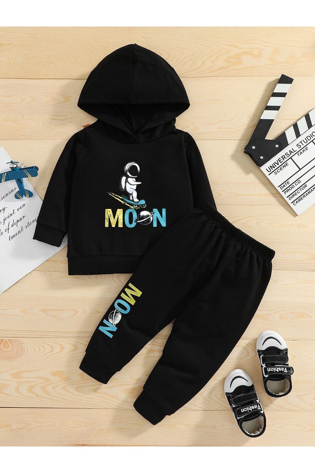 FoxSkin Sportswear&Company Moon Astronot Pamuk Çocuk Takım - Siyah Sweatshirt Jogger Baskılı Kız Erkek Çocuk Kapüşonlu